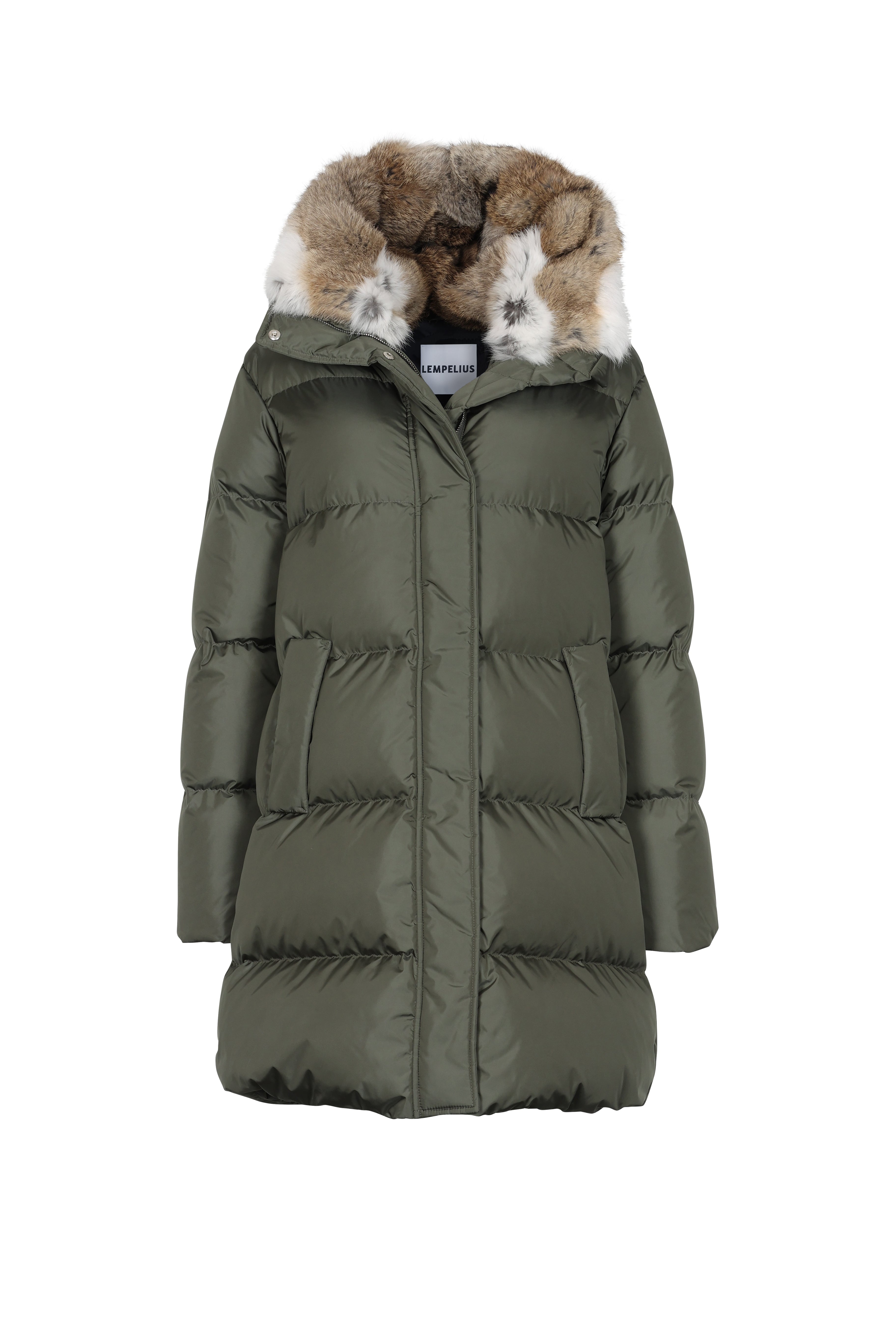 Minimal Lempelius down coat with rabbit fur hood