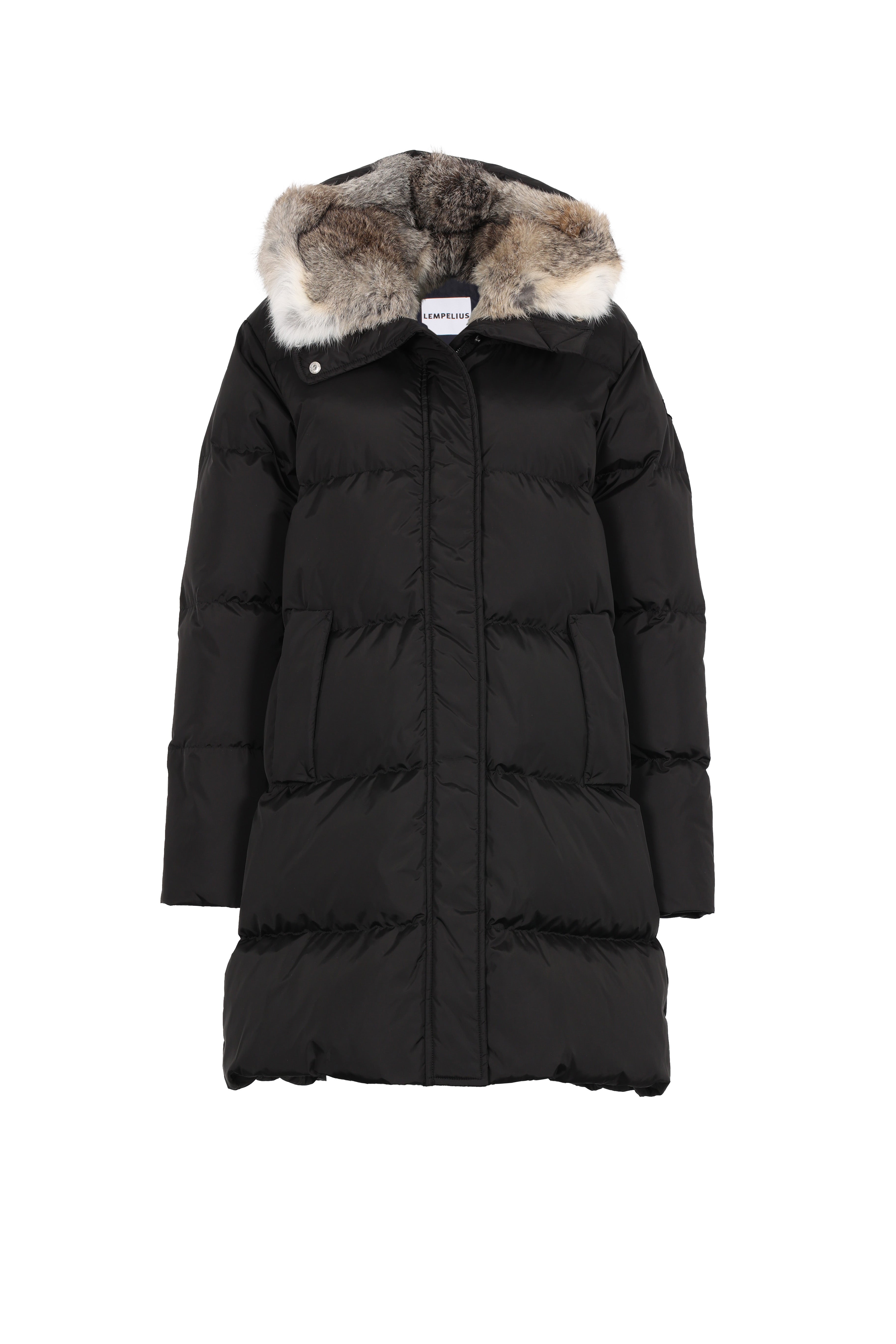 Minimal Lempelius down coat with rabbit fur hood