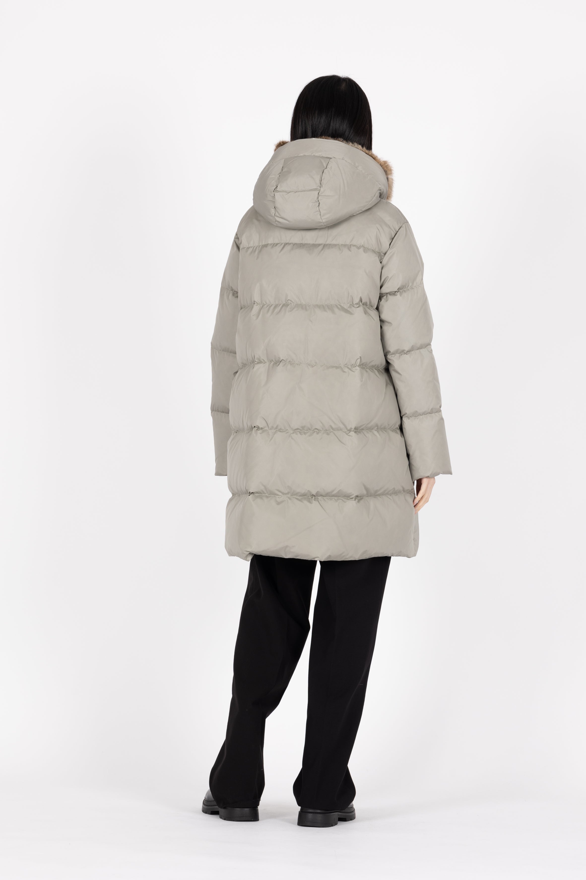 Minimal Lempelius down coat with rabbit fur hood