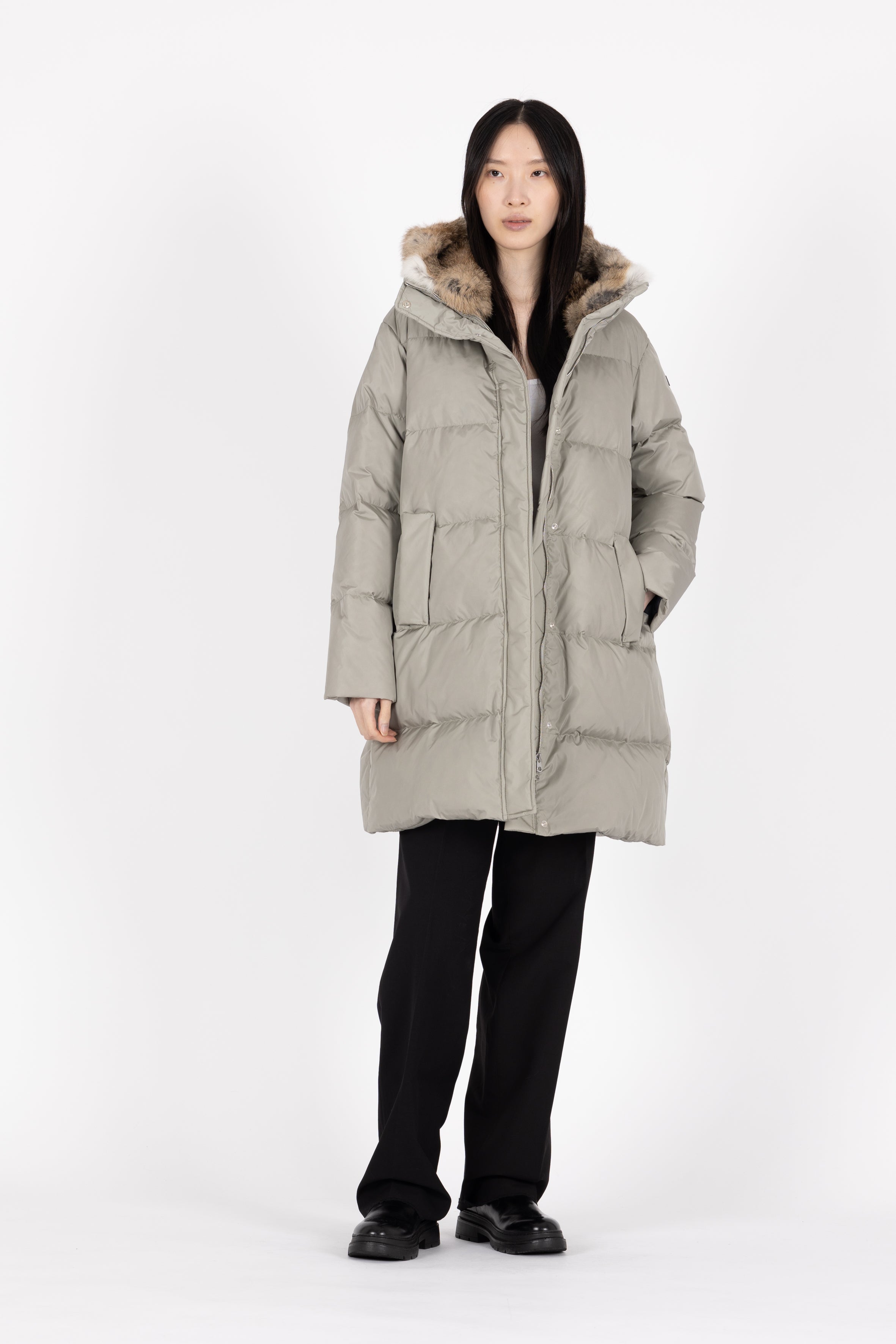 Minimal Lempelius down coat with rabbit fur hood