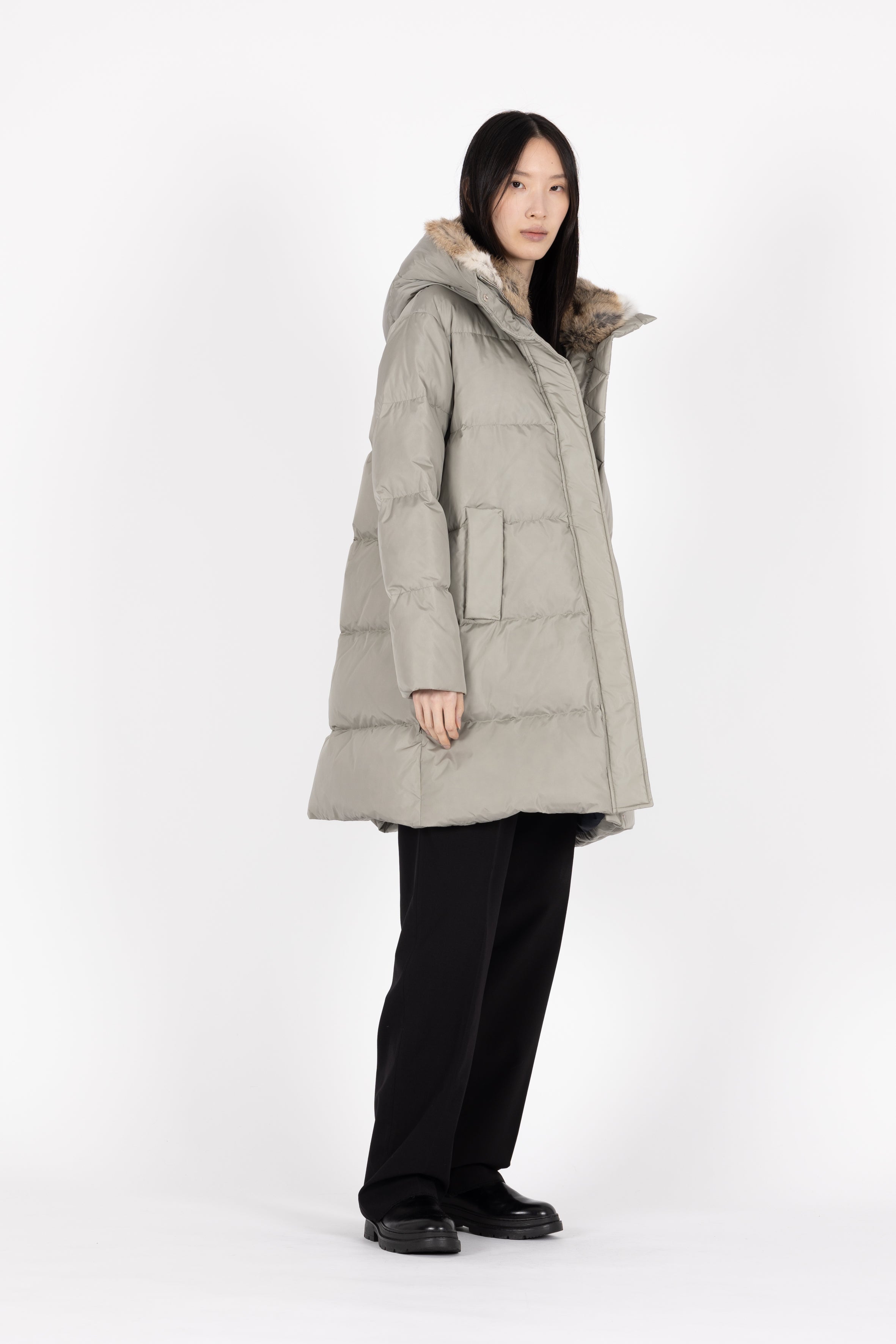 Minimal Lempelius down coat with rabbit fur hood