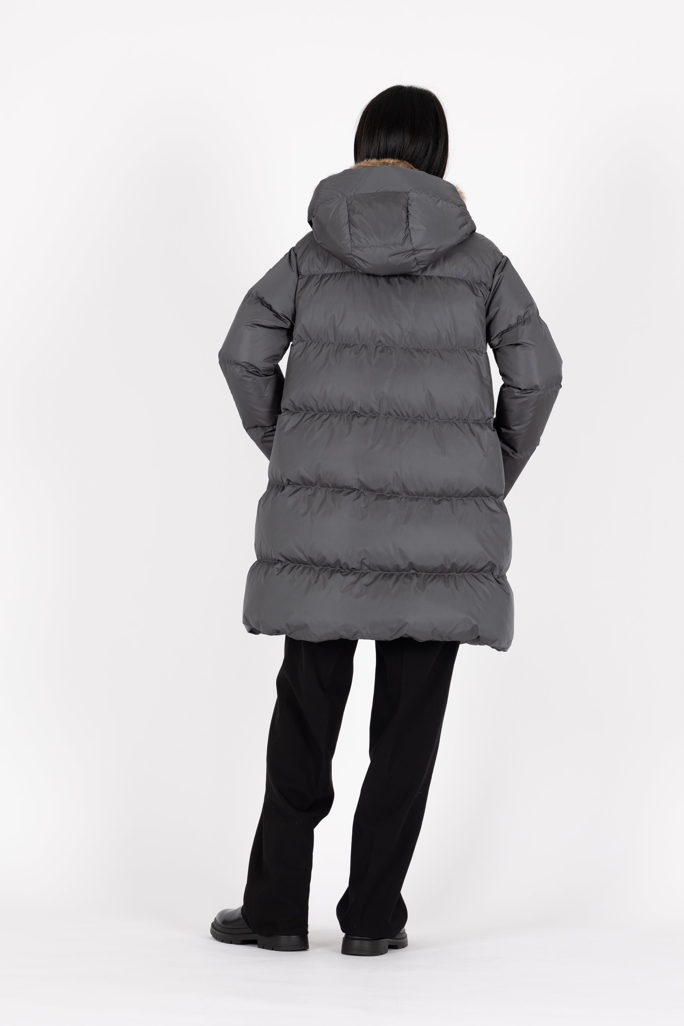 Minimal Lempelius down coat with rabbit fur hood