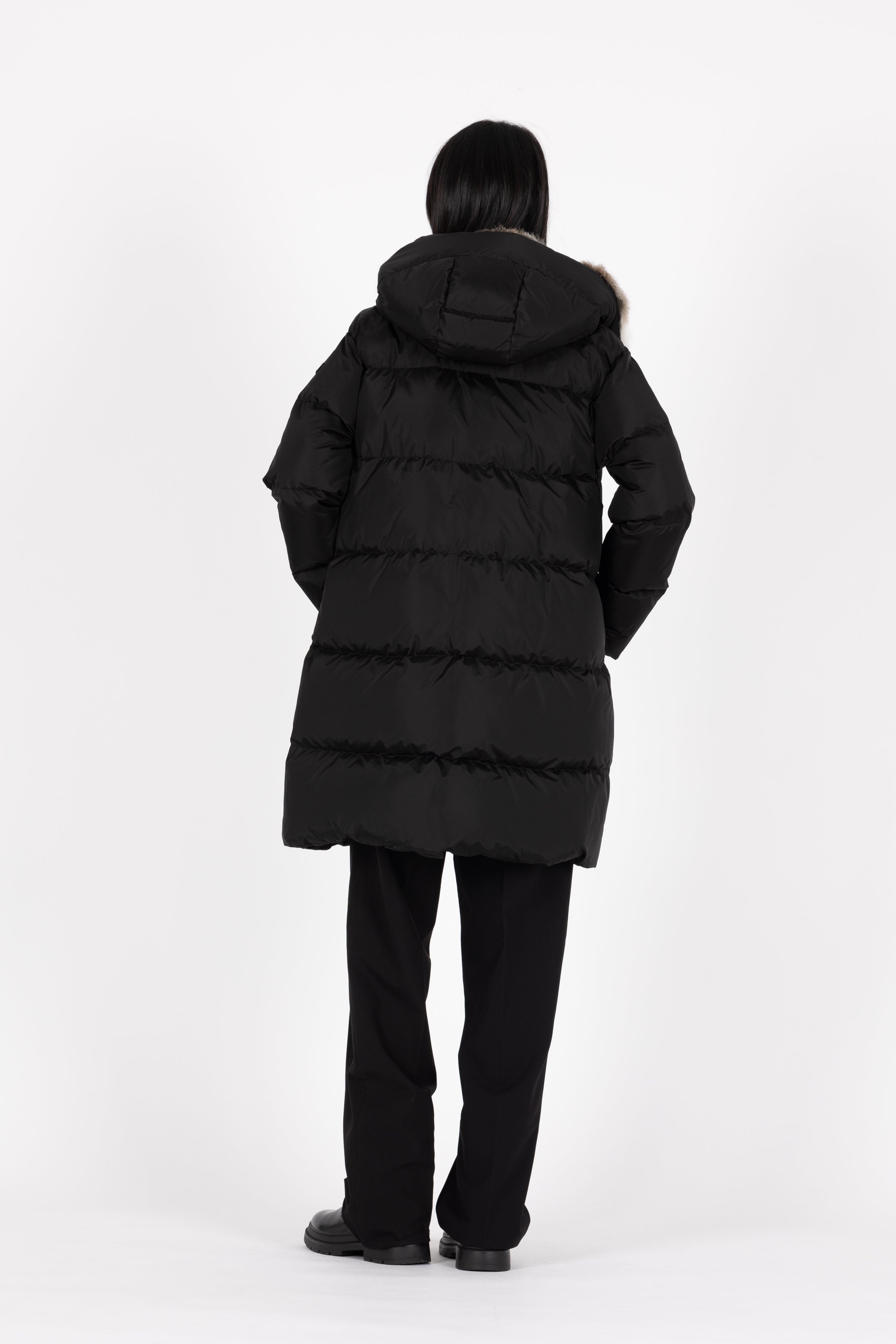 Minimal Lempelius down coat with rabbit fur hood