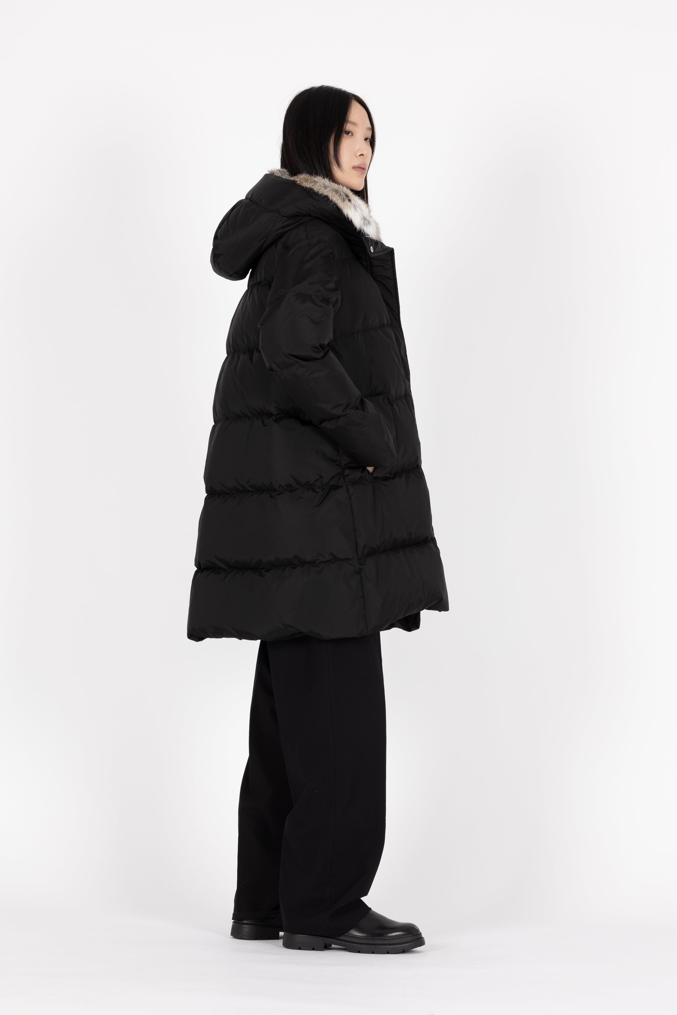 Minimal Lempelius down coat with rabbit fur hood