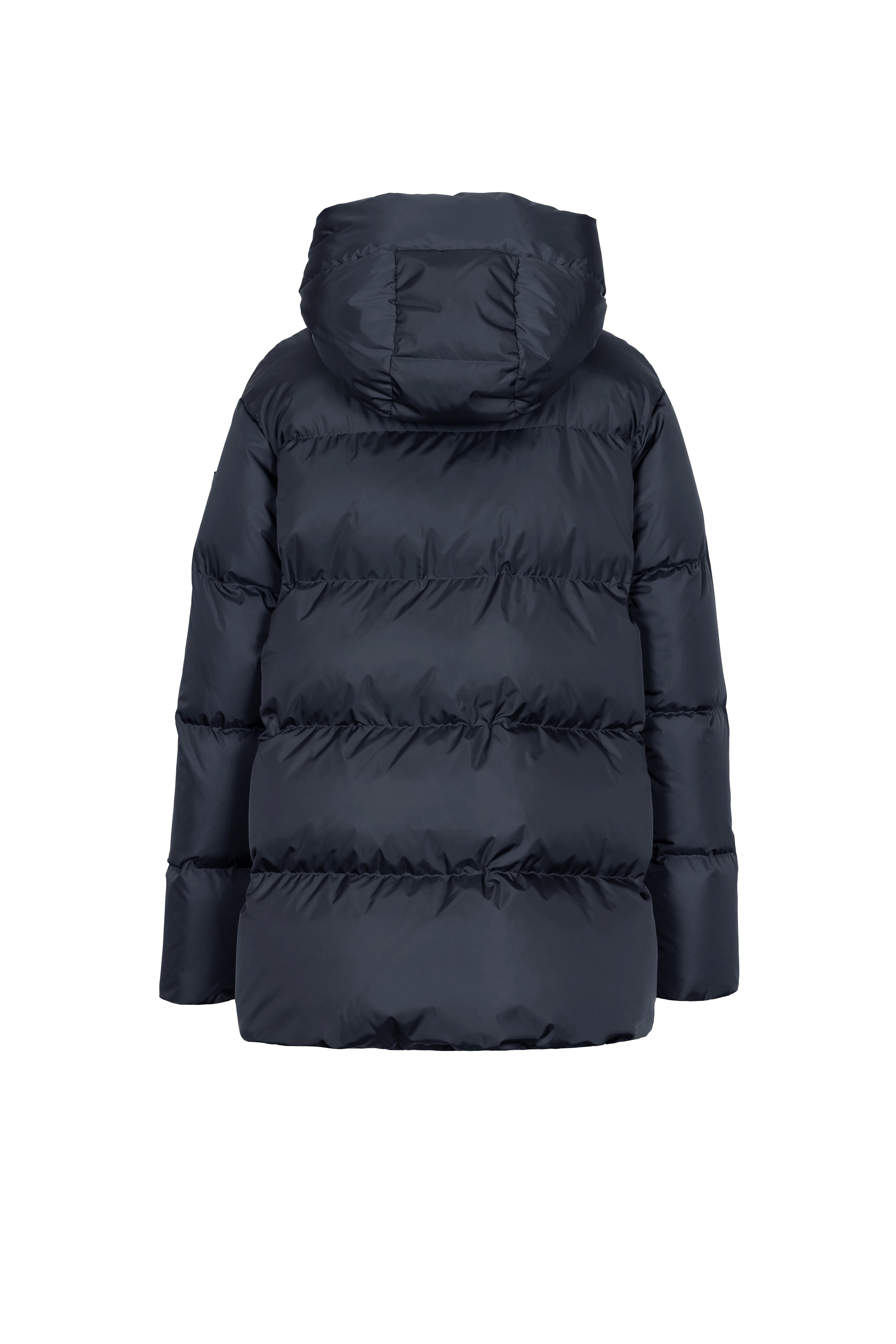 Short quilted down jacket with softly lined hood in dark blue