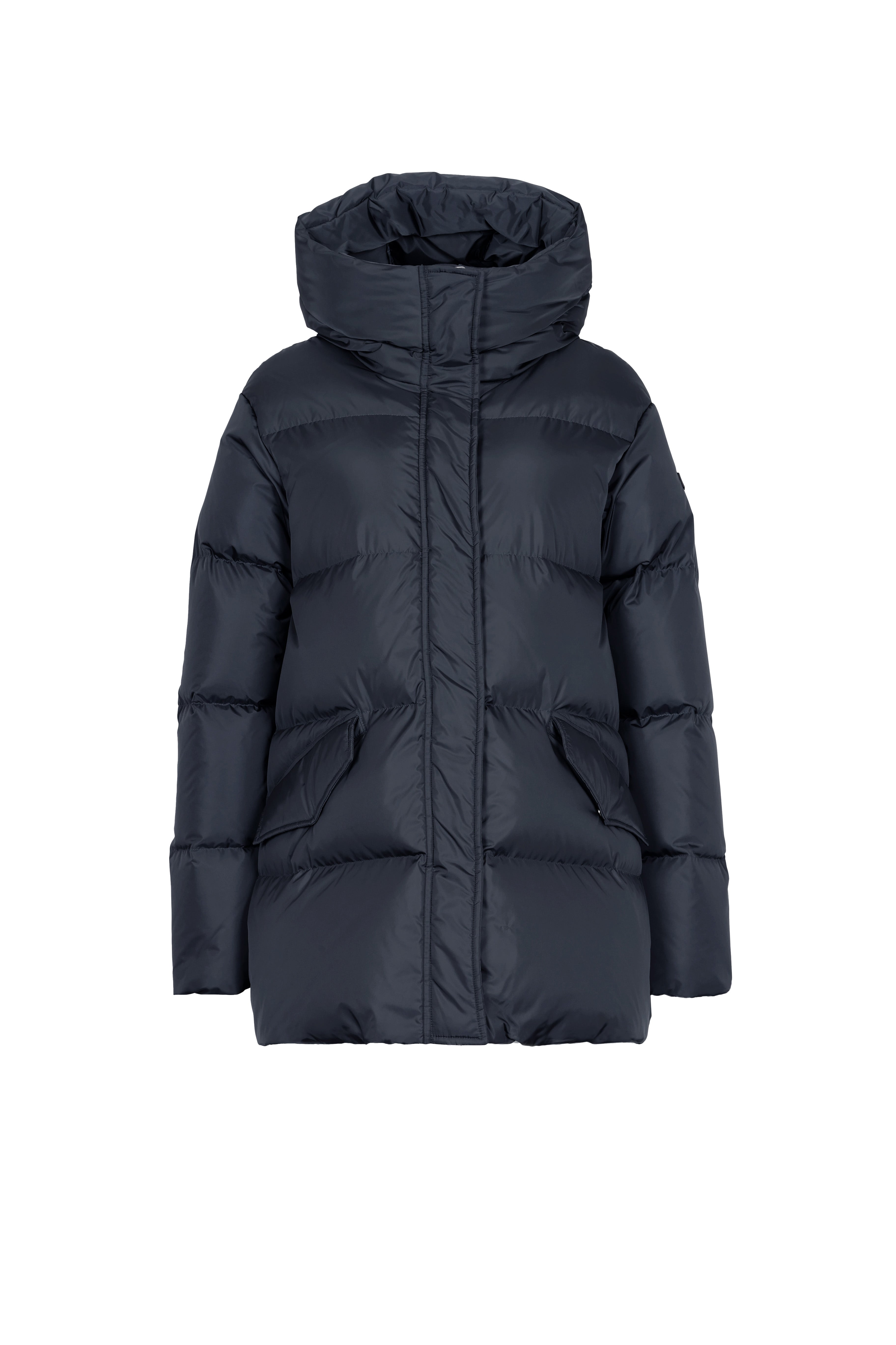Short quilted down jacket with softly lined hood in dark blue