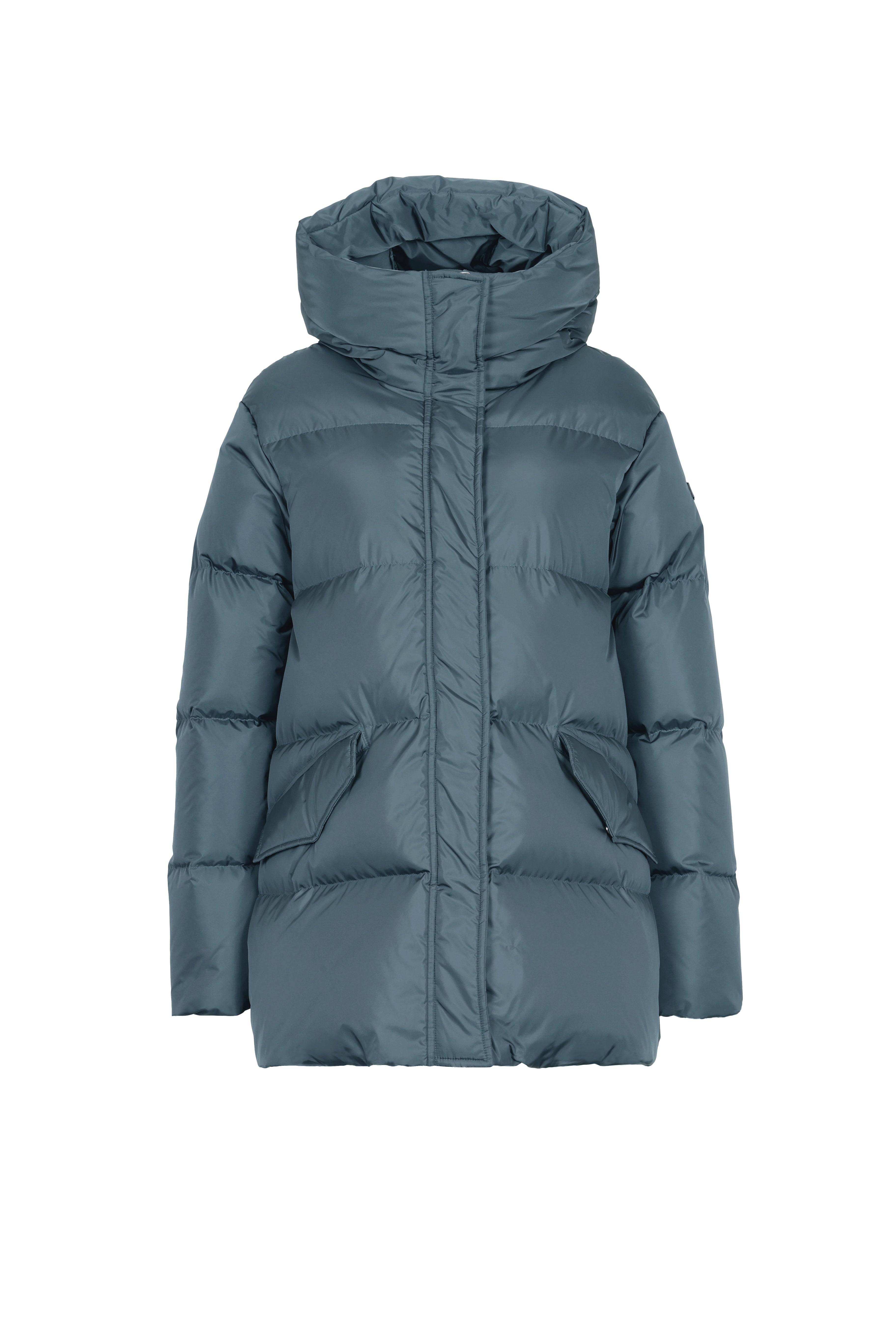 Short quilted down jacket with softly lined hood in pigeon