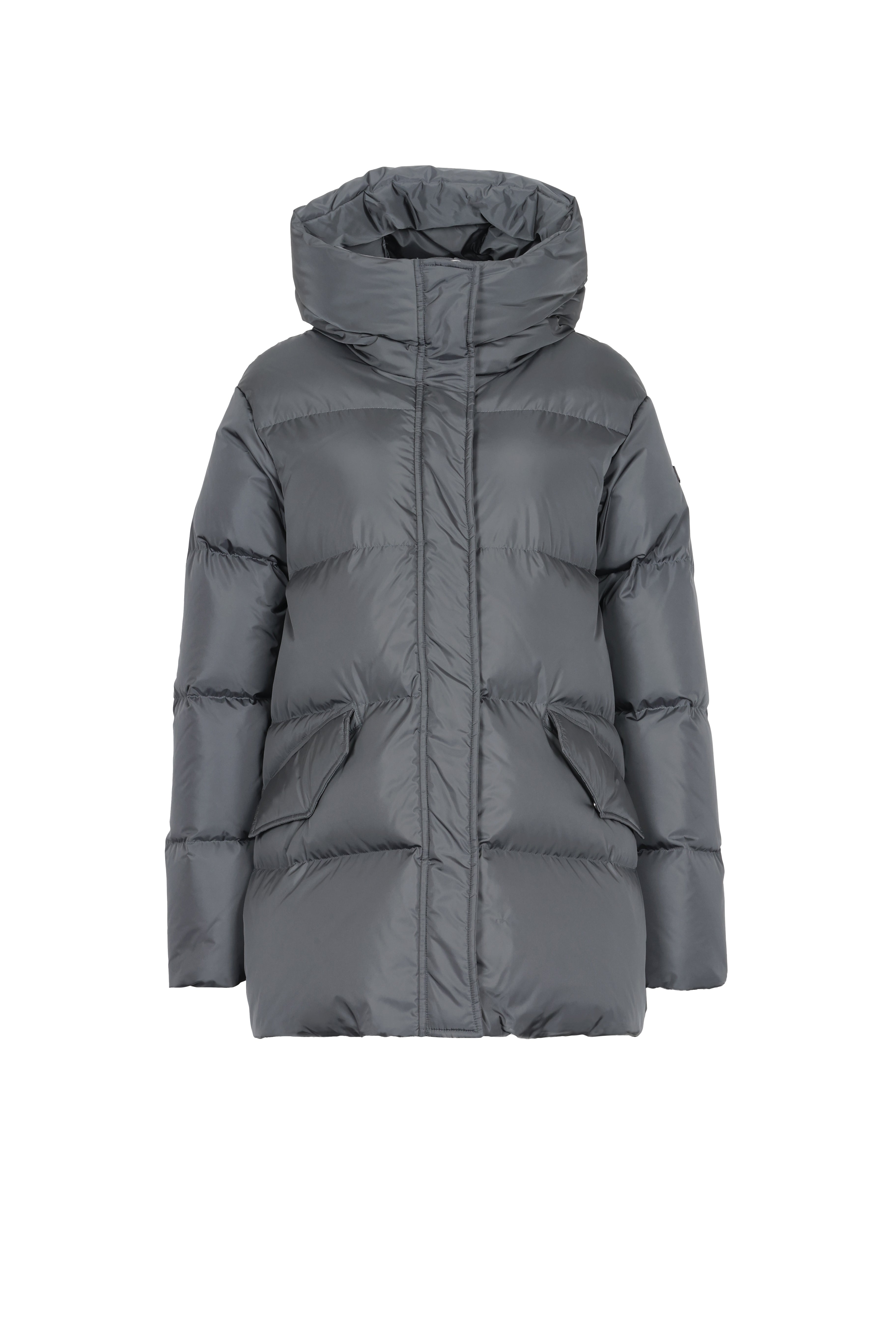 Short quilted down jacket with softly lined hood in iron grey