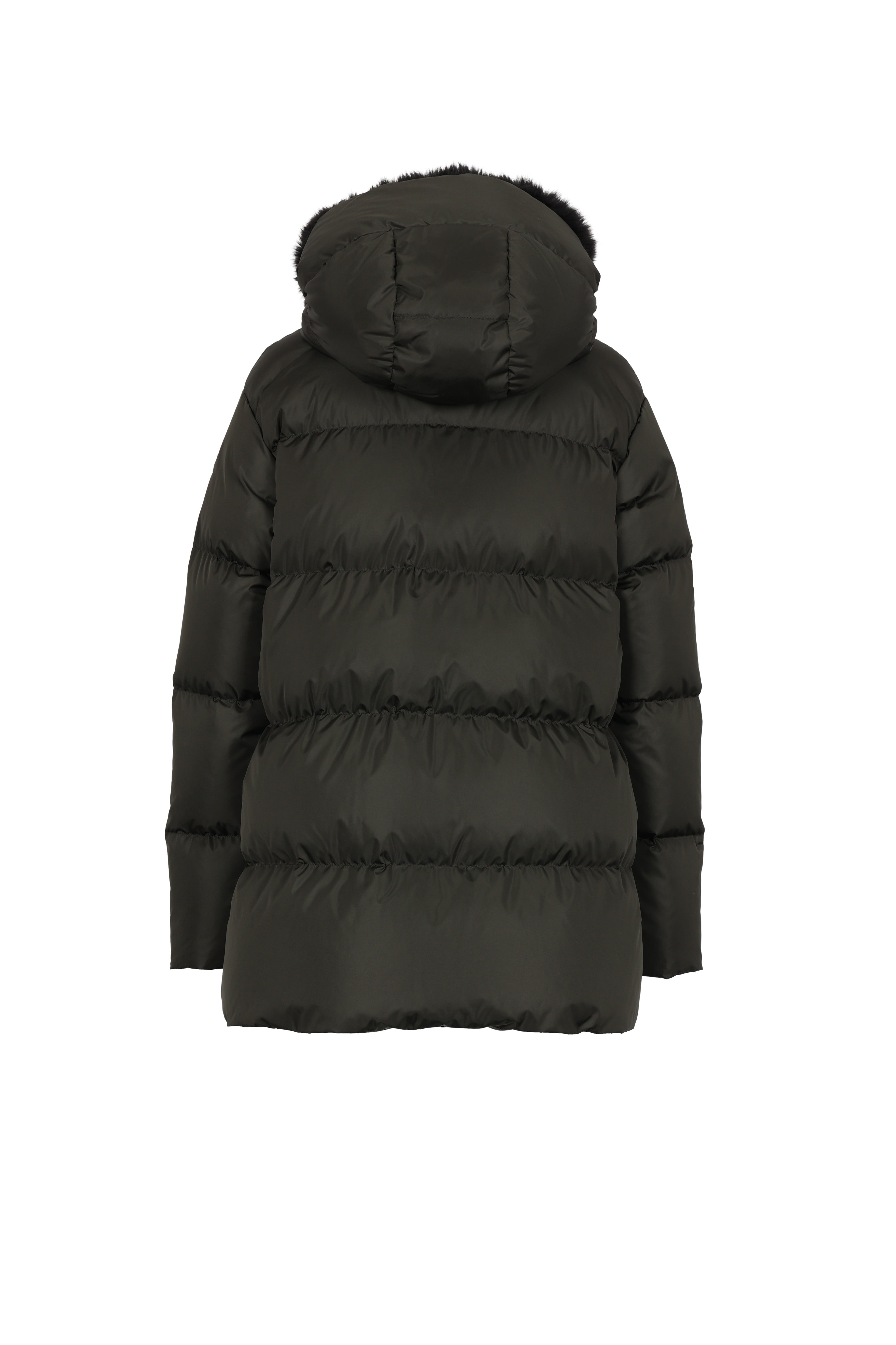 short down jacket with flap pockets and faux fur