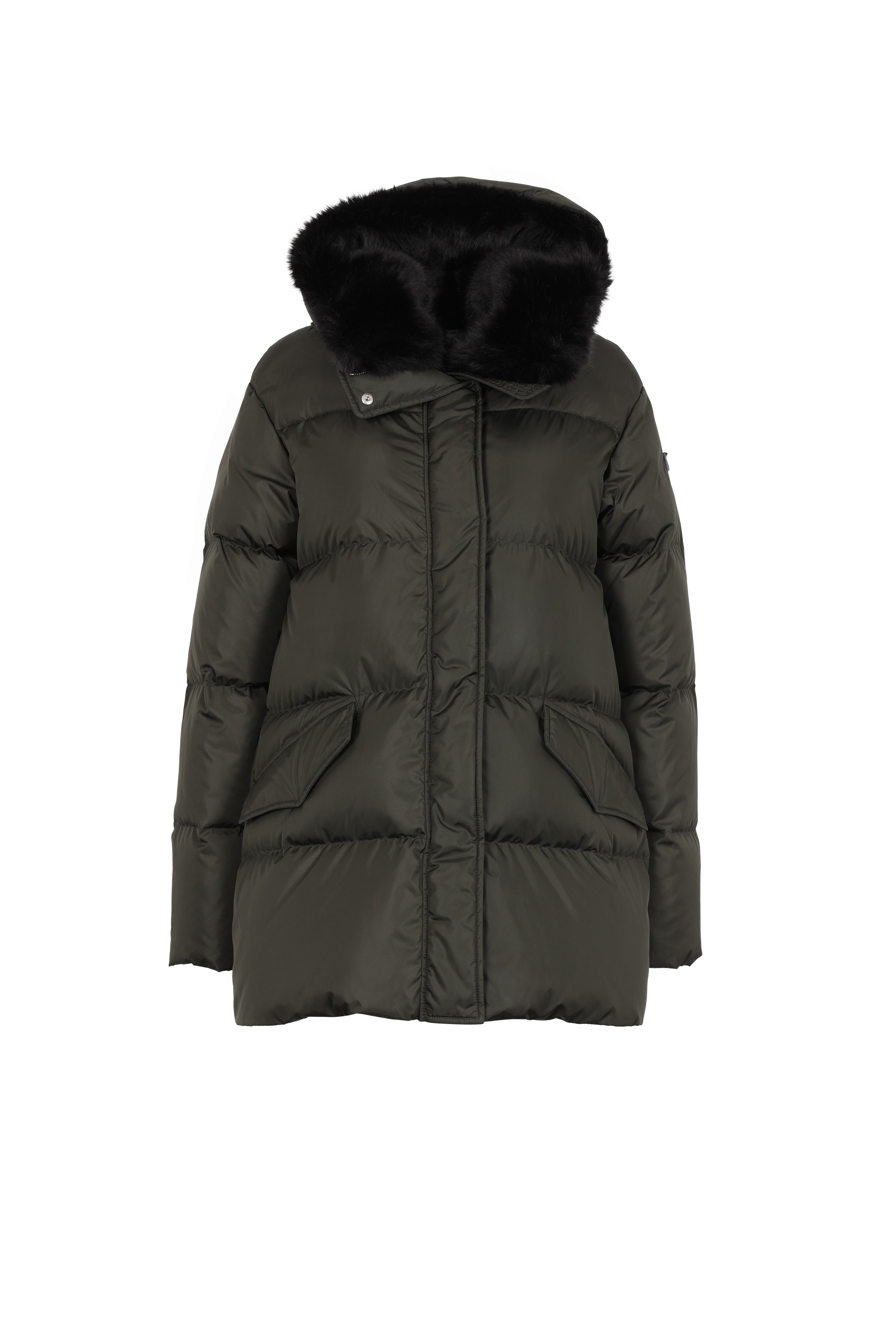 short down jacket with flap pockets and faux fur