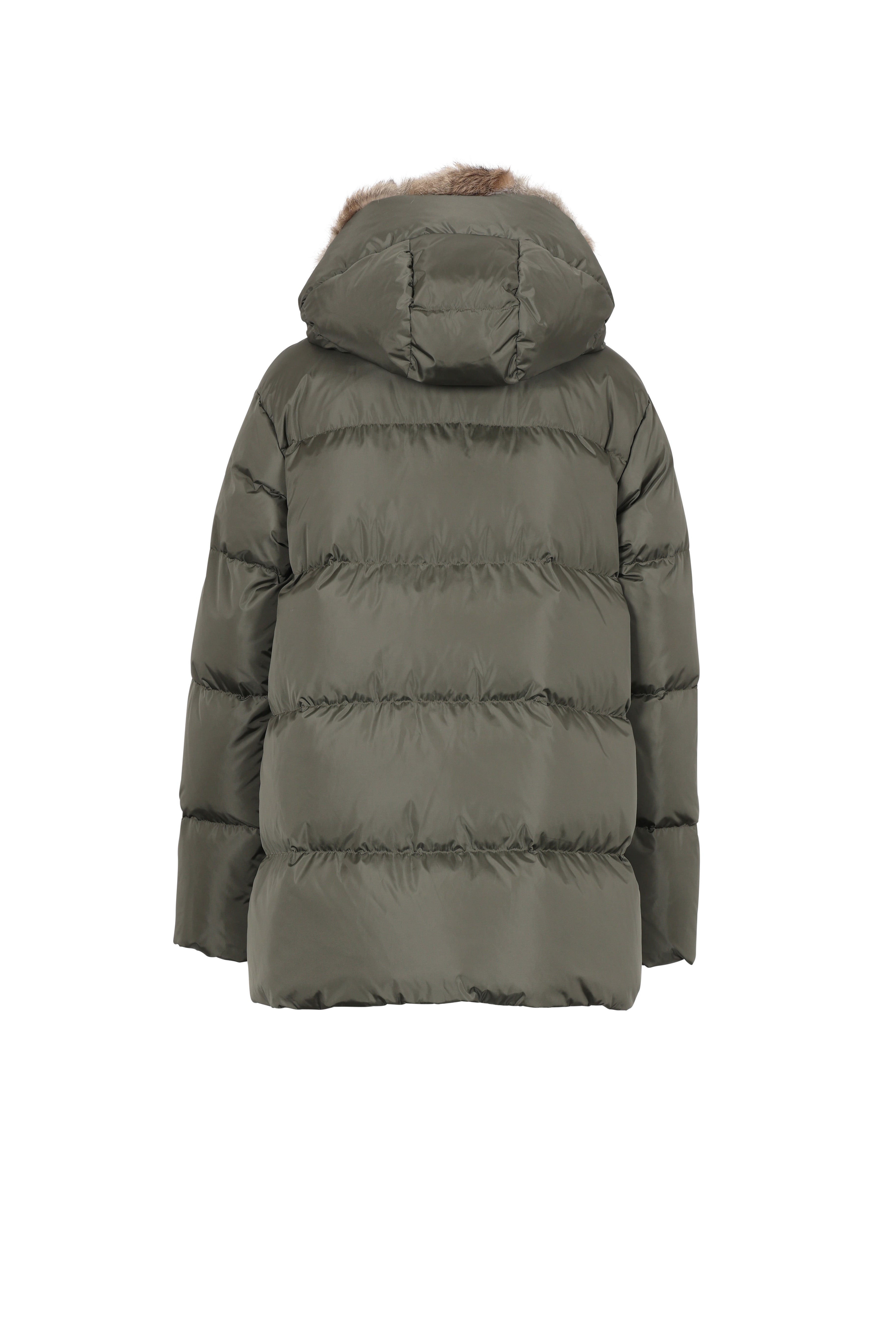 short down jacket with flap pockets and fur