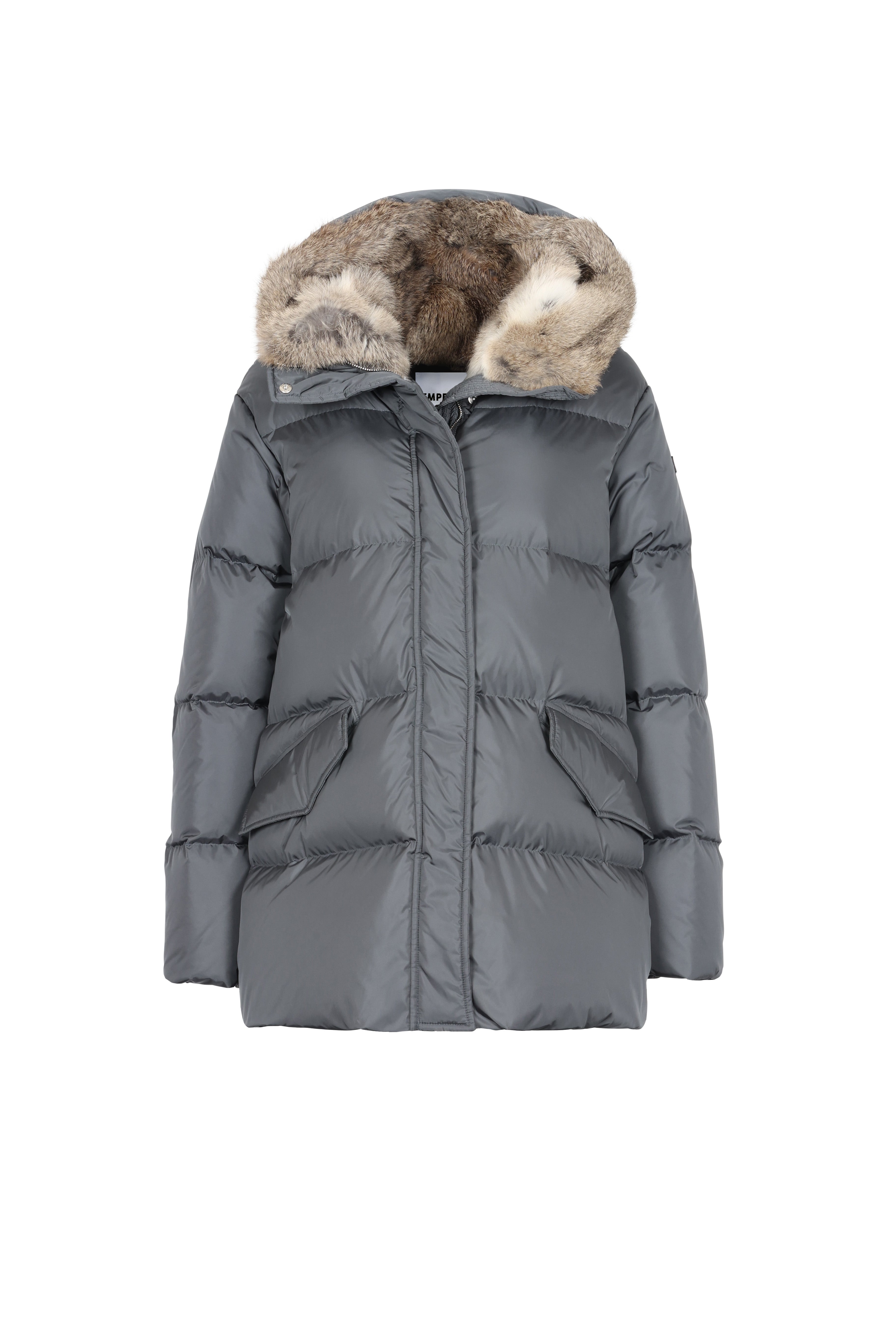 Short quilted down jacket with softly lined rabbit fur hood