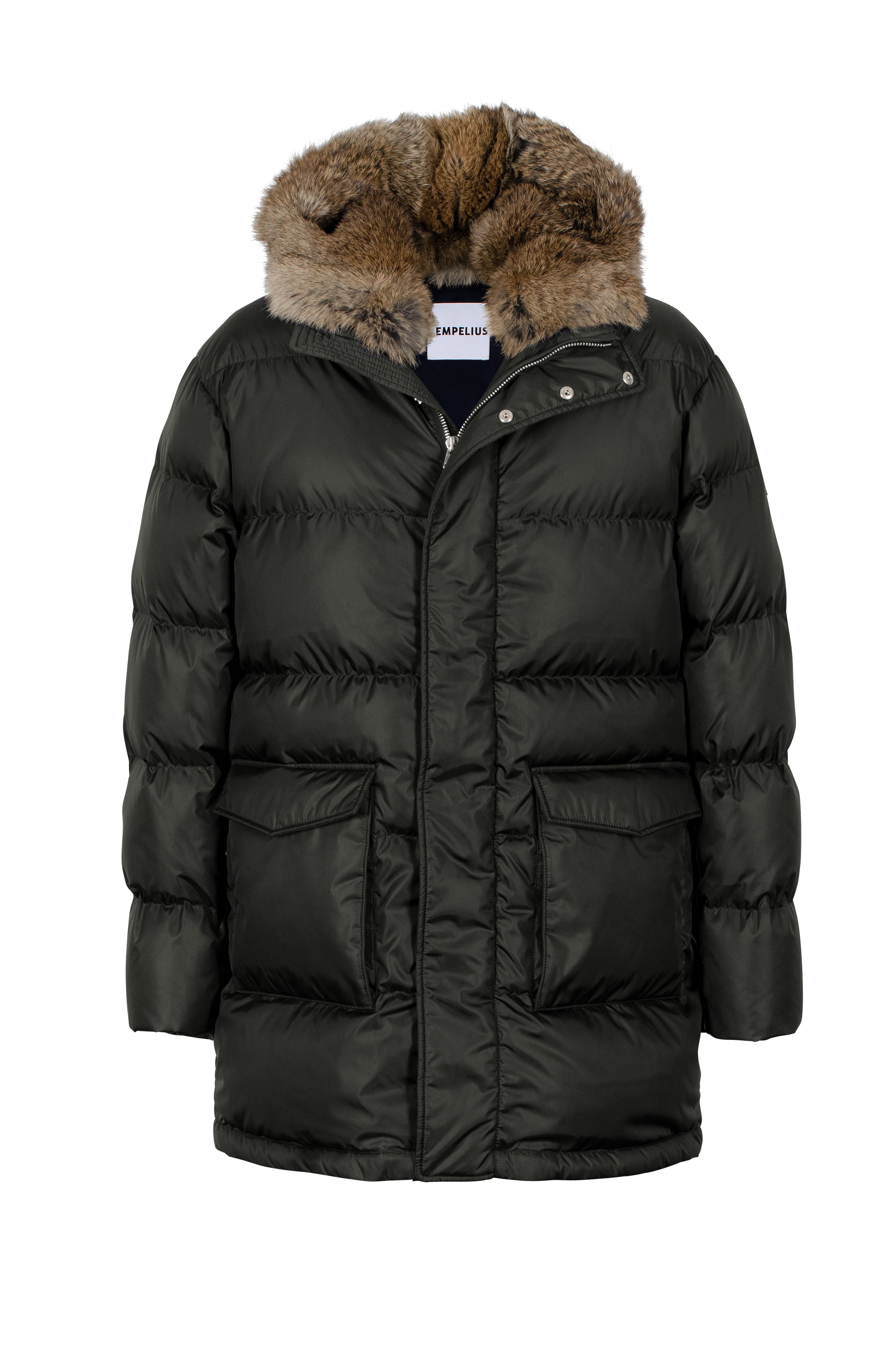 Lempelius Down coat with fur hood in mud green