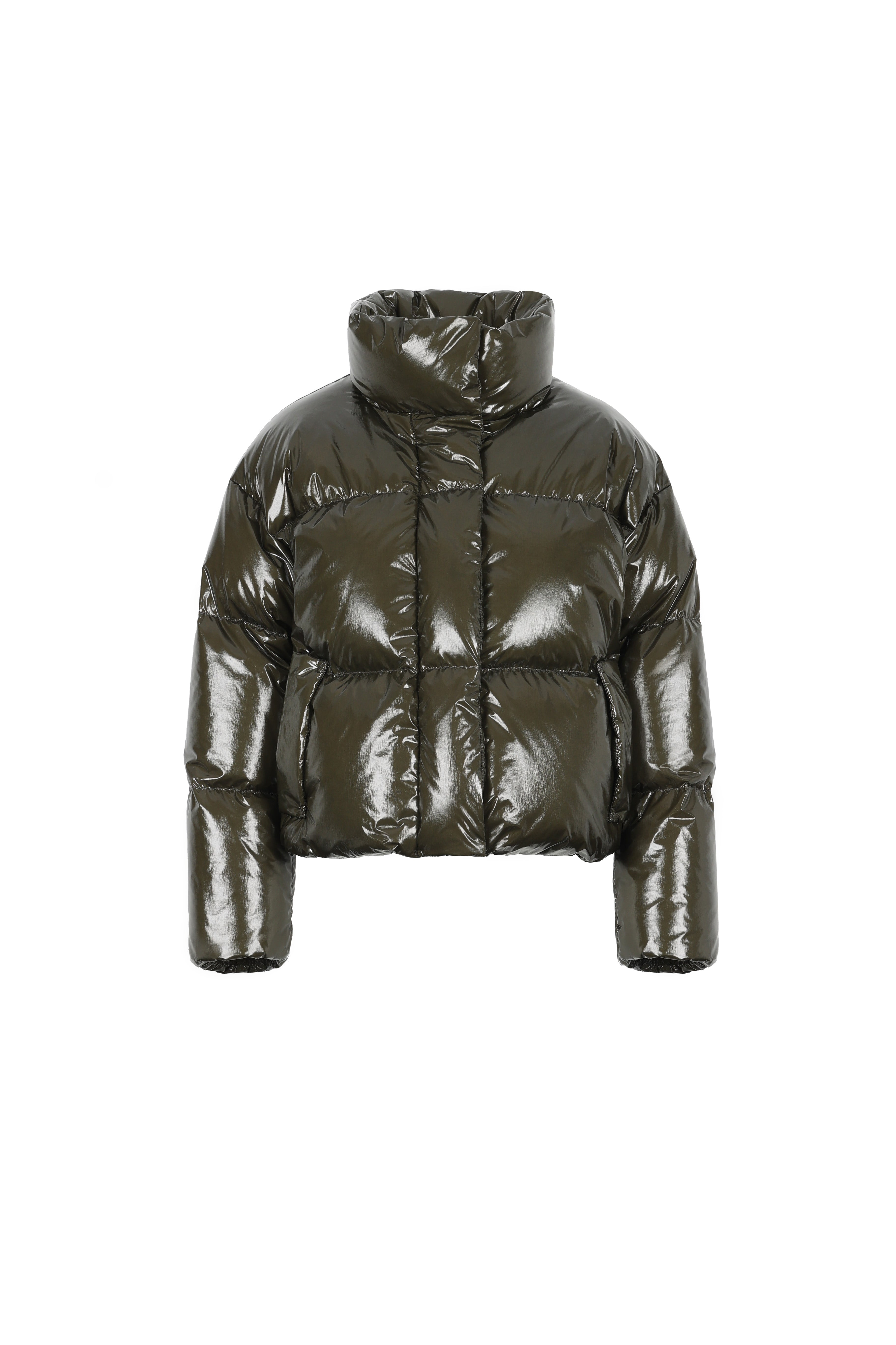 shiny LEMPELIUS short down puffer in dark olive