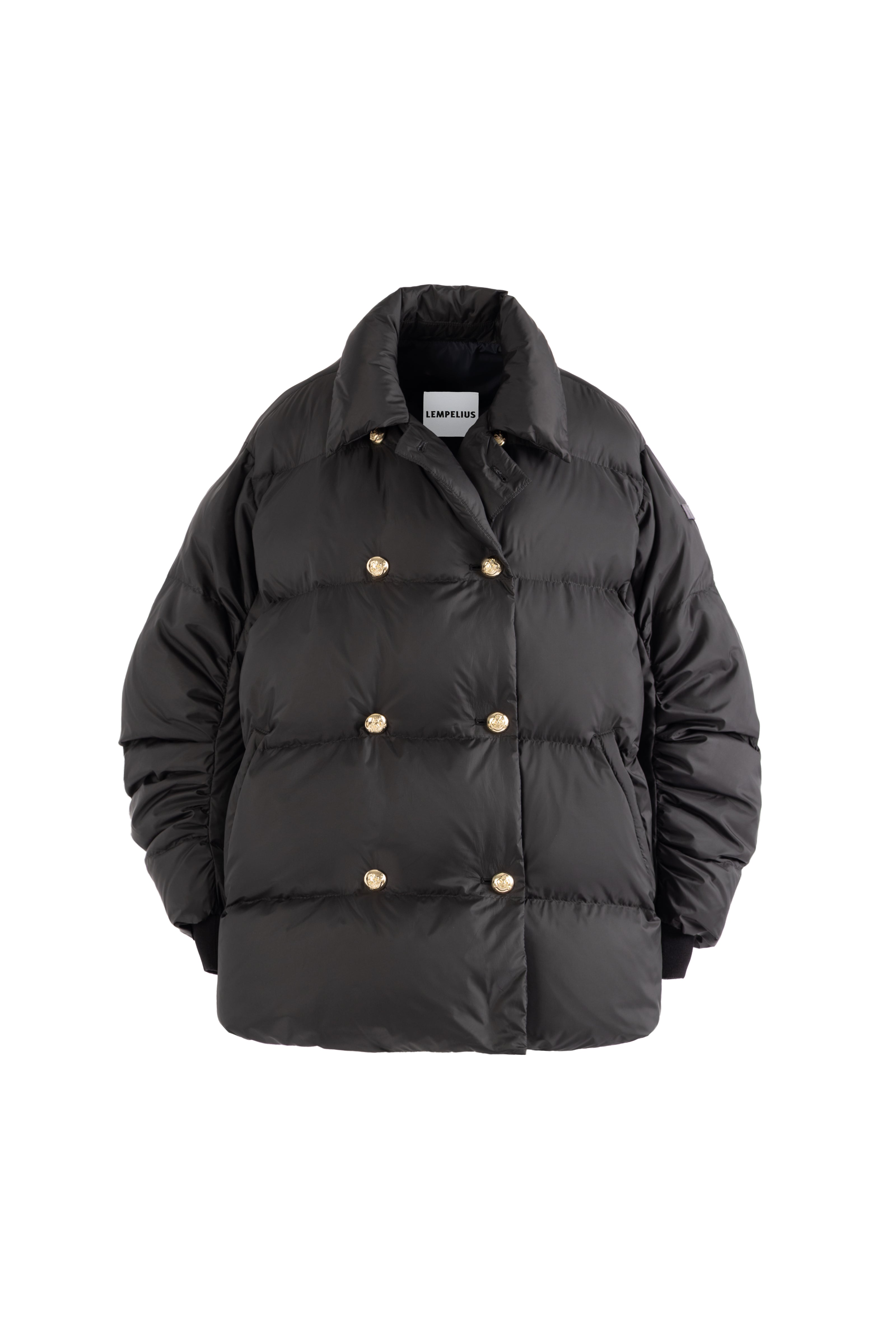 Black LEMPELUS puffer jacket 270ADA with double breasted gold button closure on a white background