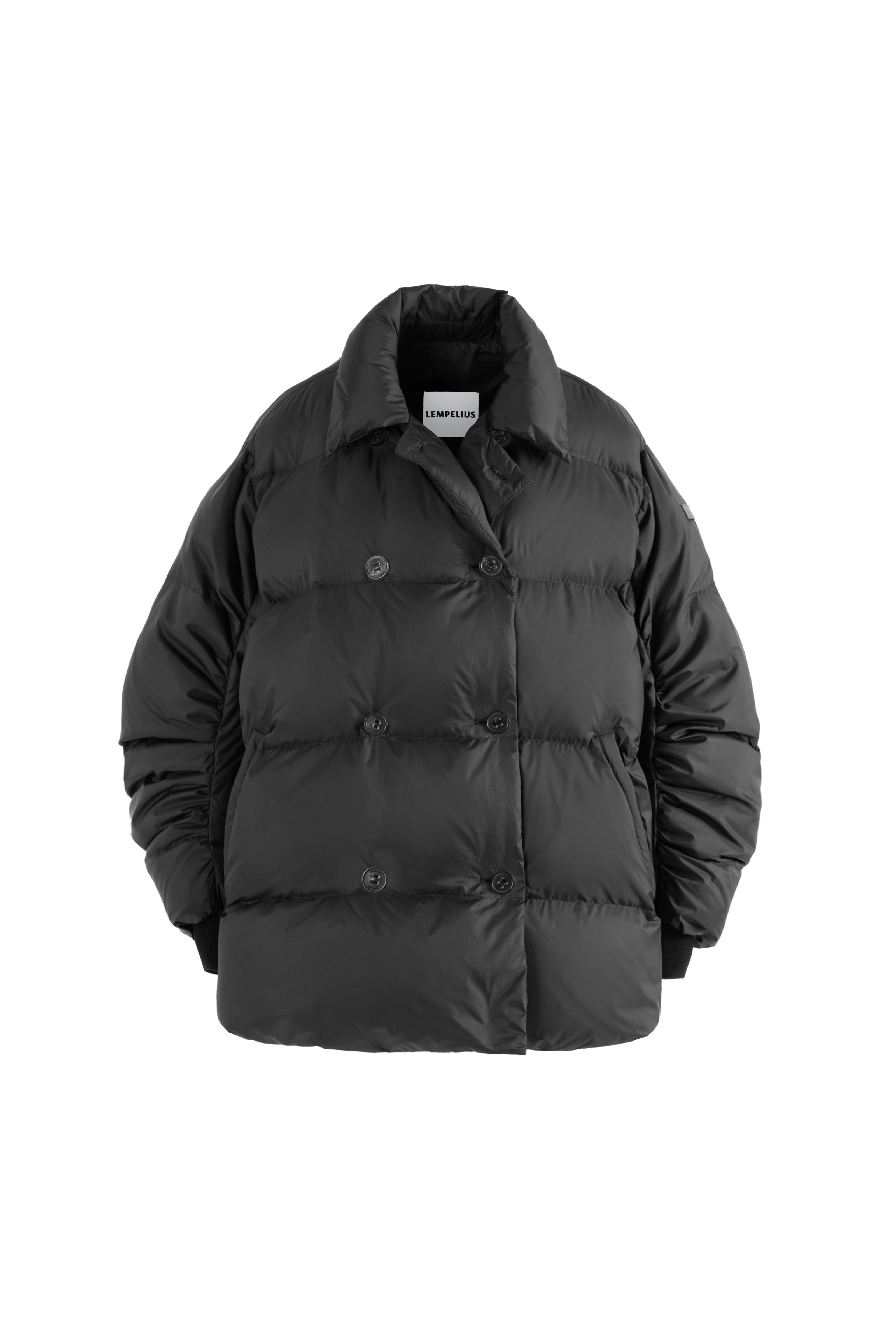 Black, short, double-breasted puffer jacket 270HB ADA with horn button closure on a white background from the front