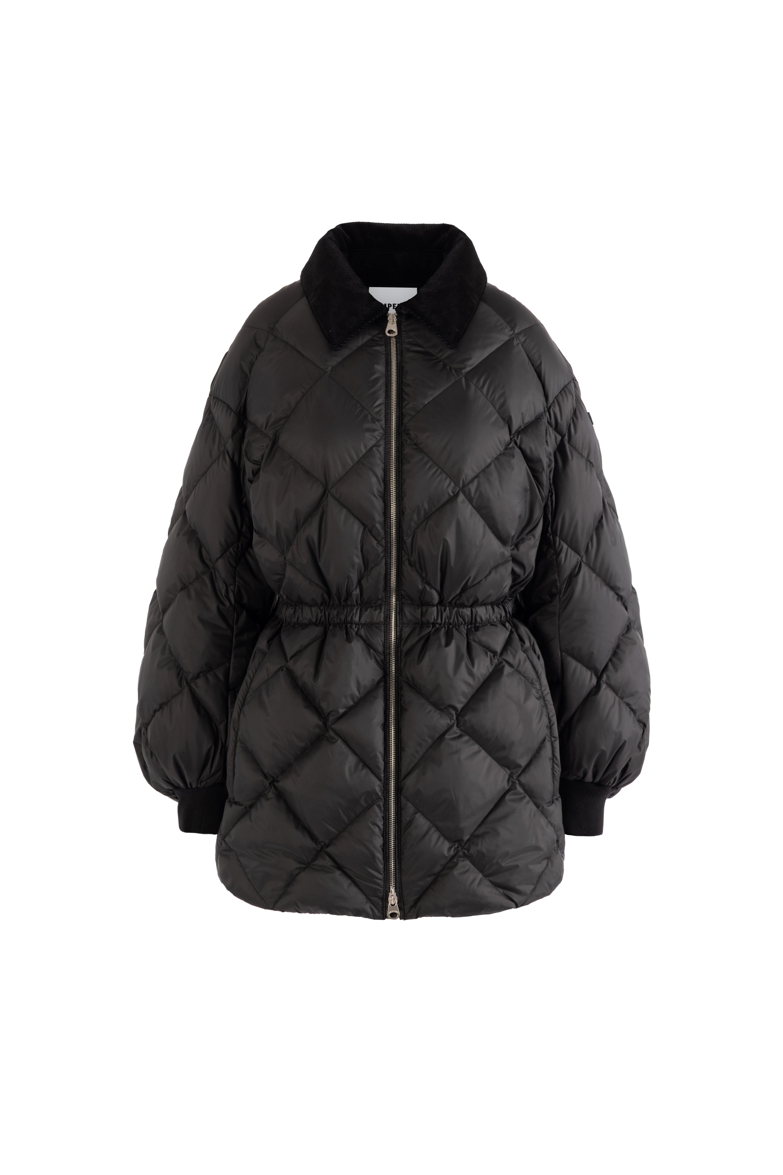 Black quilted jacket with gathered waist with inner drawstring on a white background
