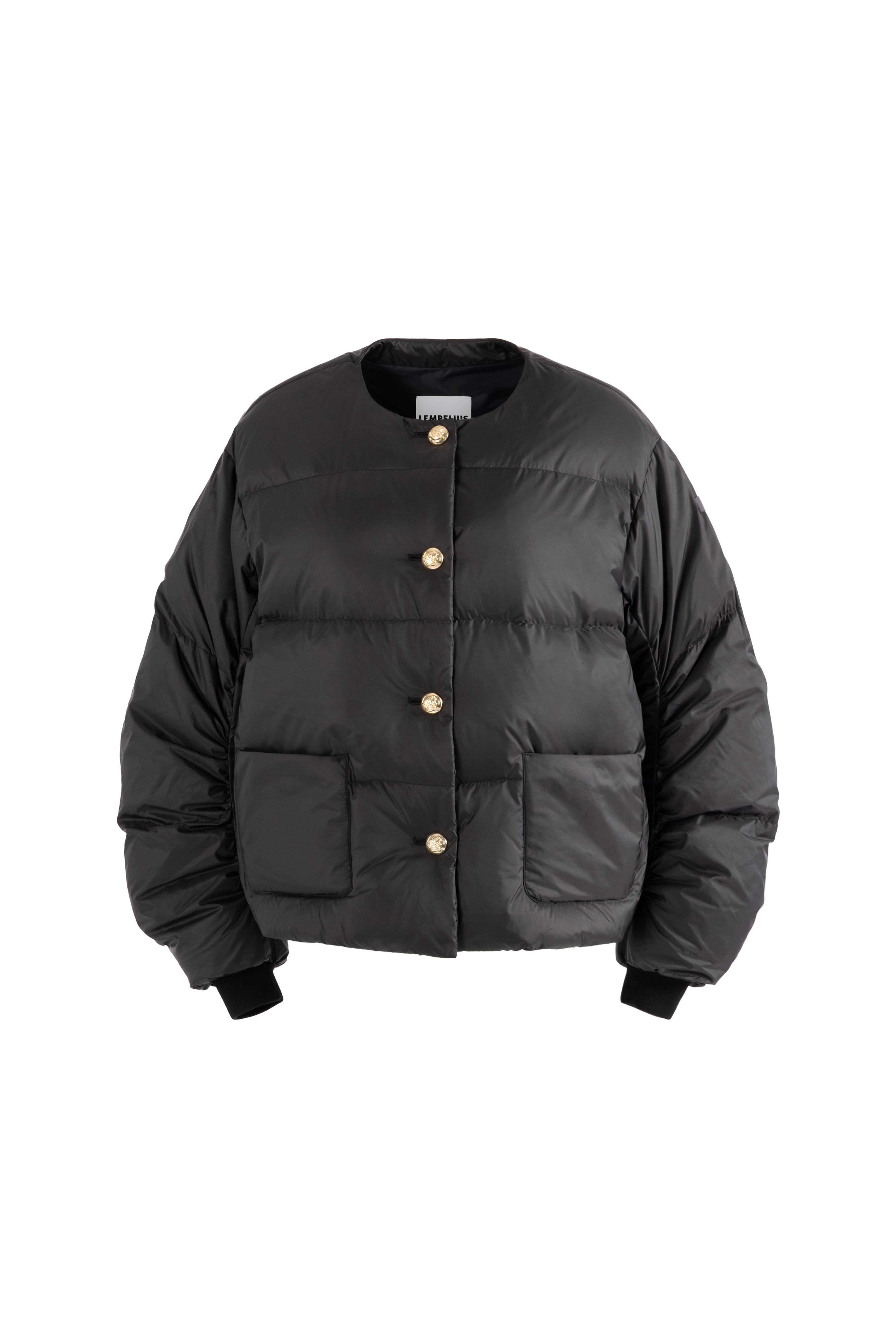 Black LEMPELIUS puffer jacket OVA with gold buttons on a white background from the front