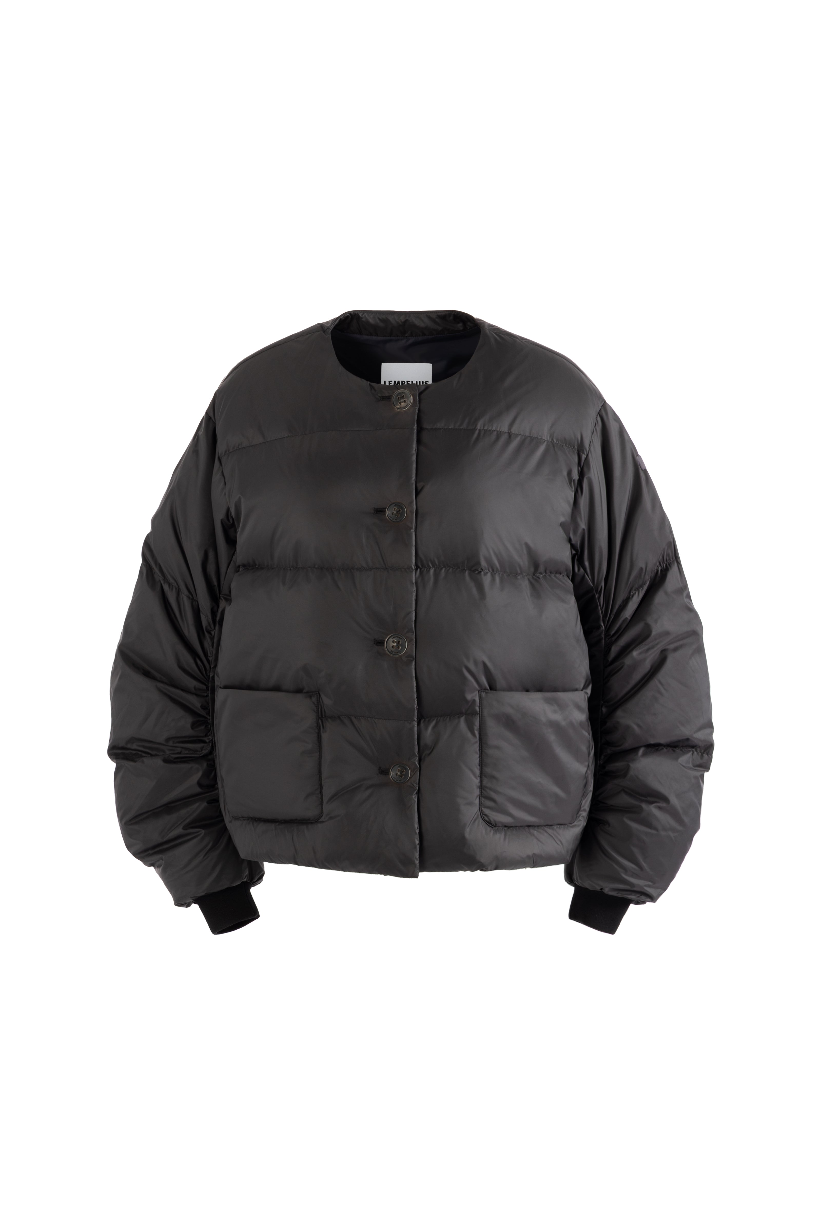 Black short puffer jacket 278HB OVA with horn button closure on a white background from the front