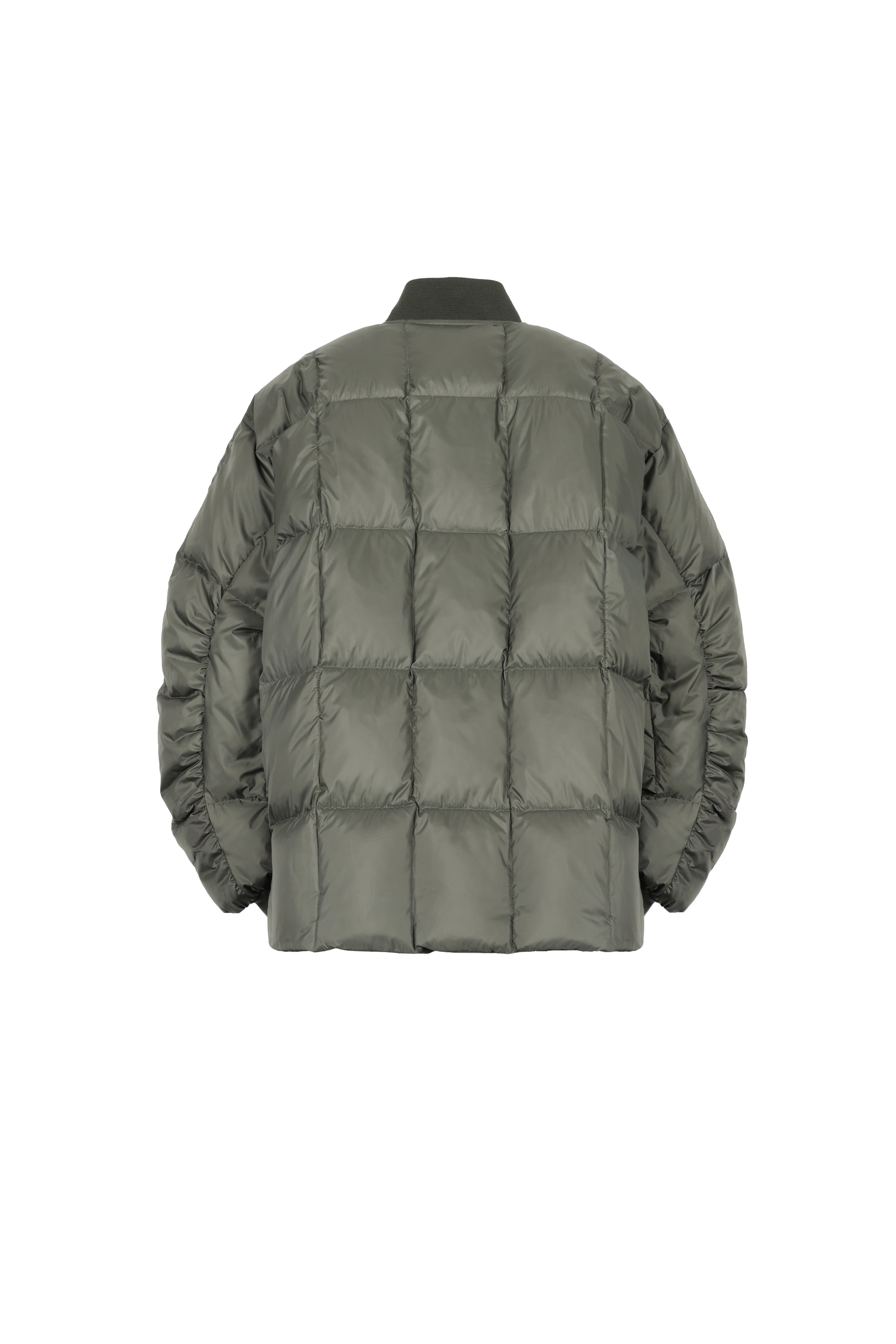 bomber style LEMPELIUS silky nylon light down jacket in muted green greenish color