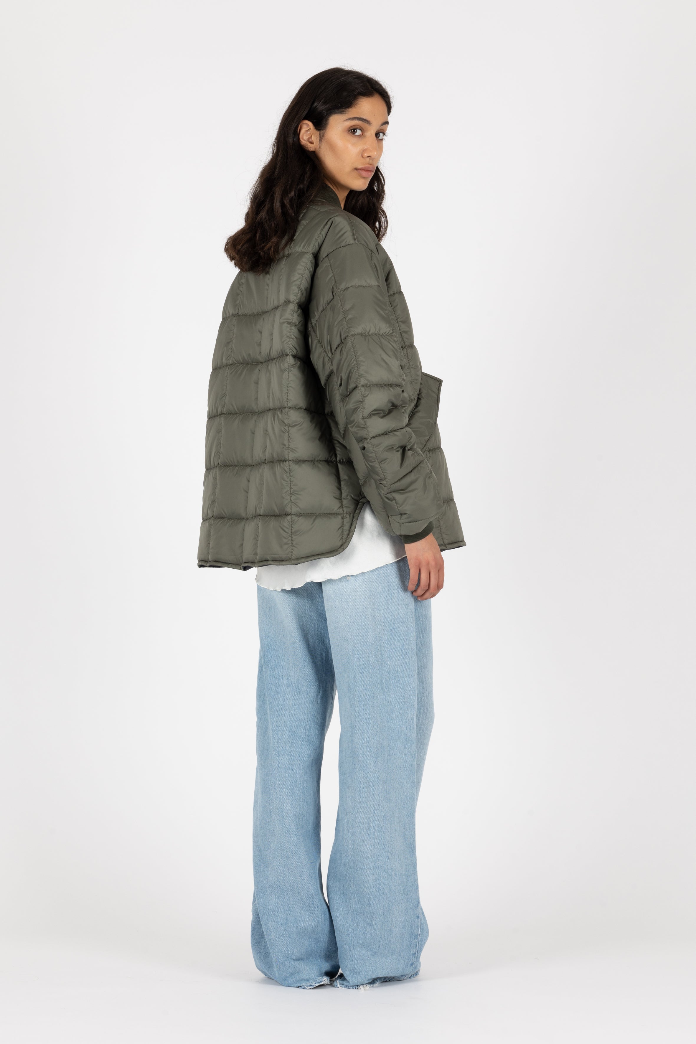 oversized Box Quilt padded super lightweight bomber jacket in muted green