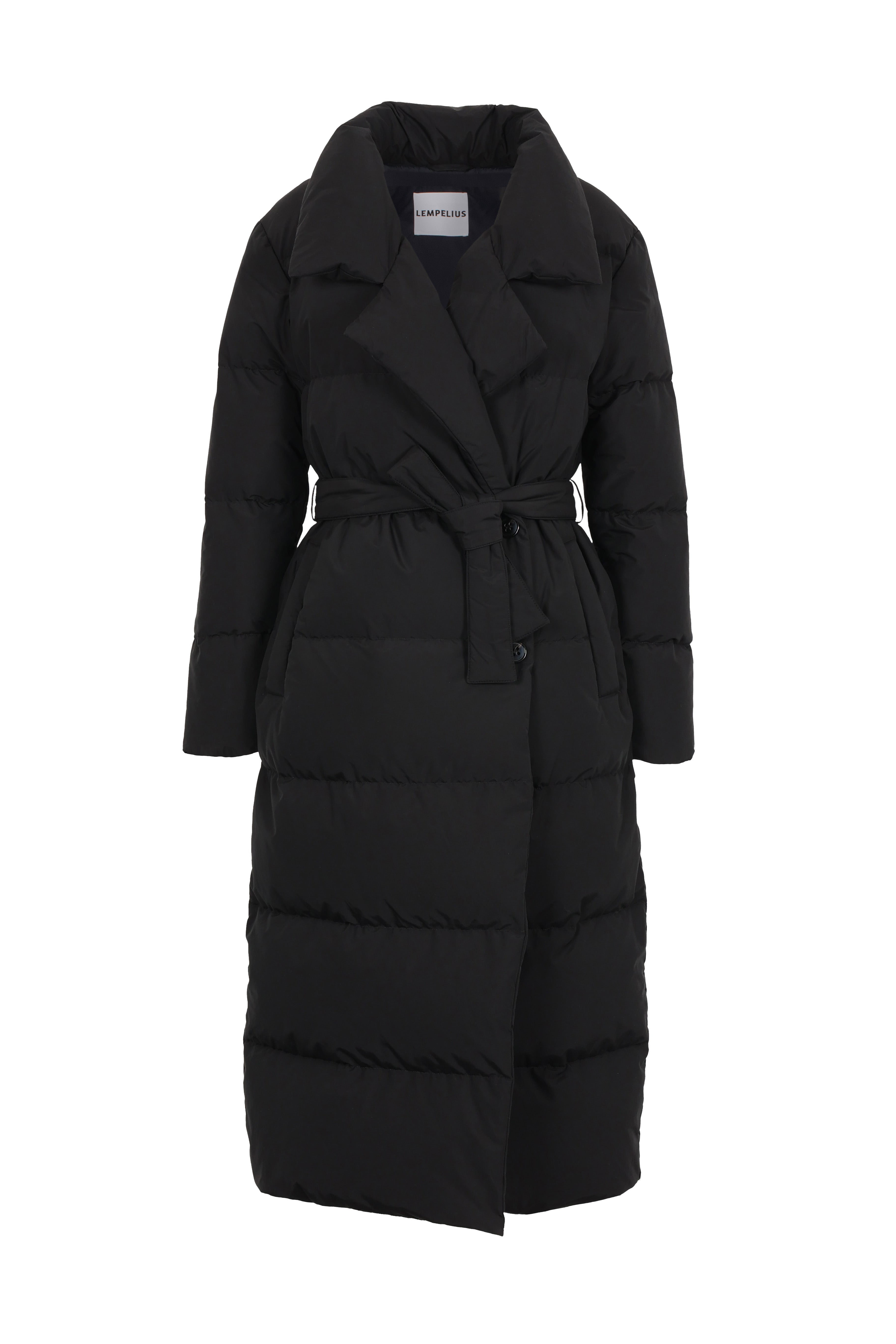 Long belted Lempelius Downcoat in the color black