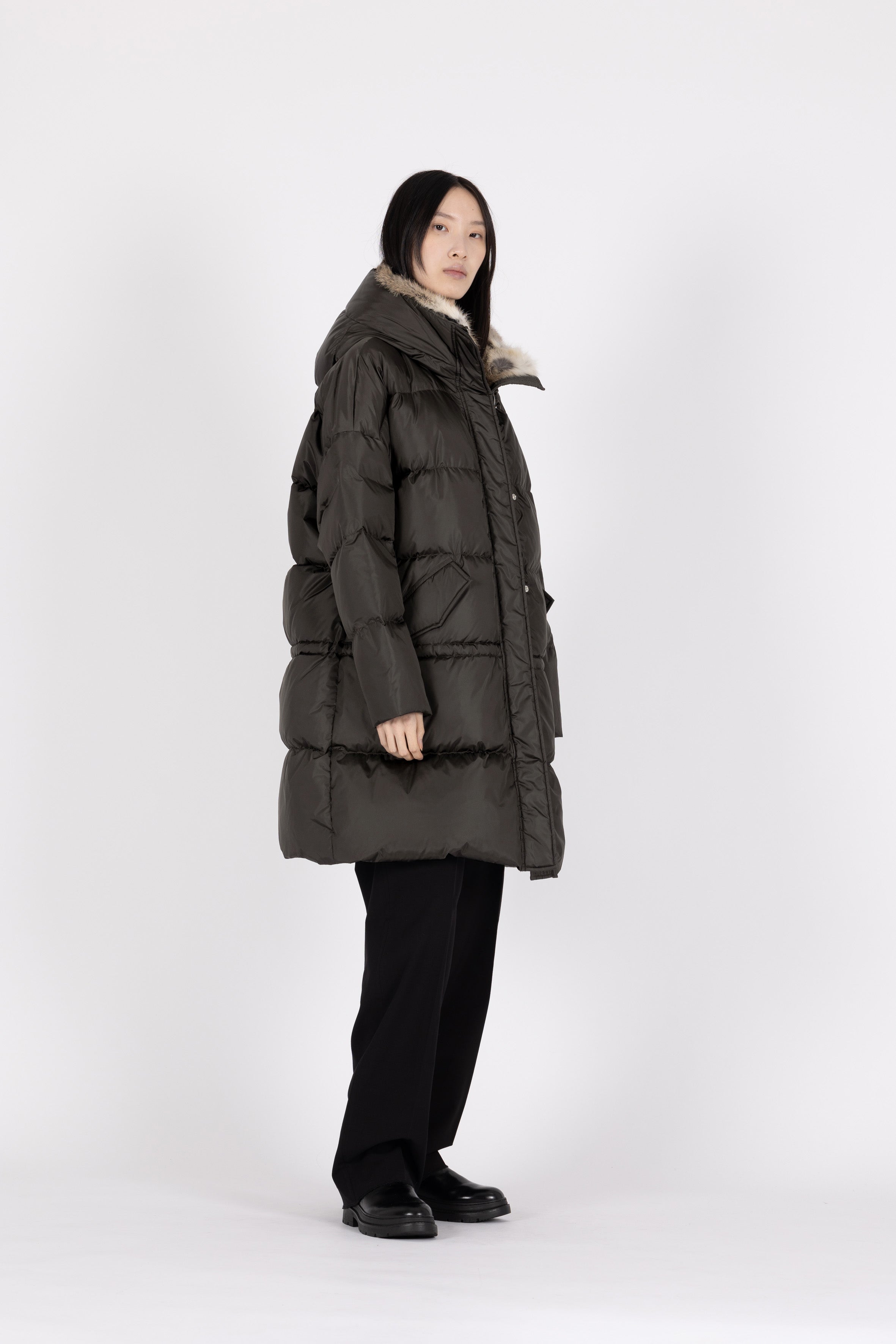Lempelius coat YRA rabbit fur hood dark mud green