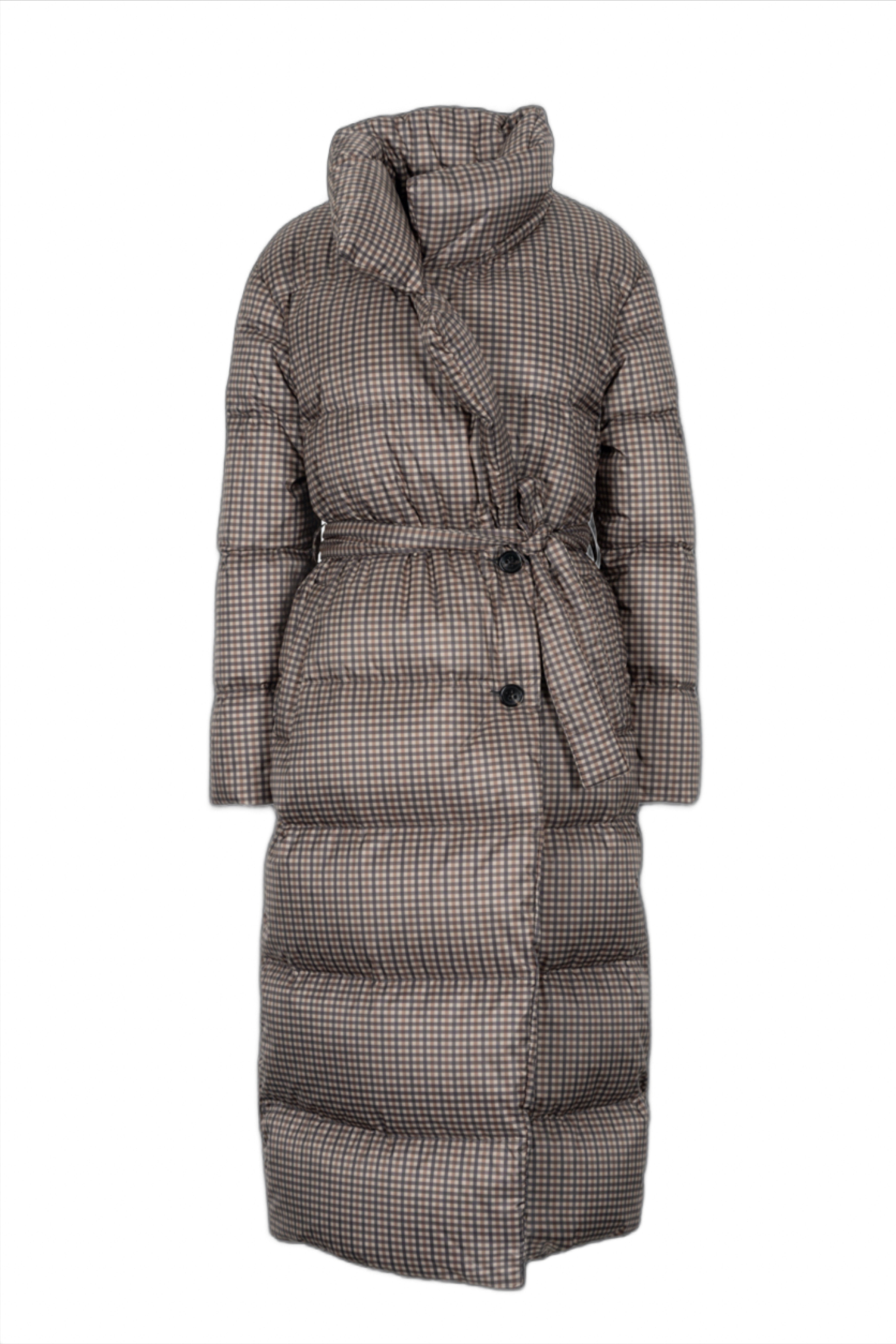 Long belted Lempelius down coat with check print