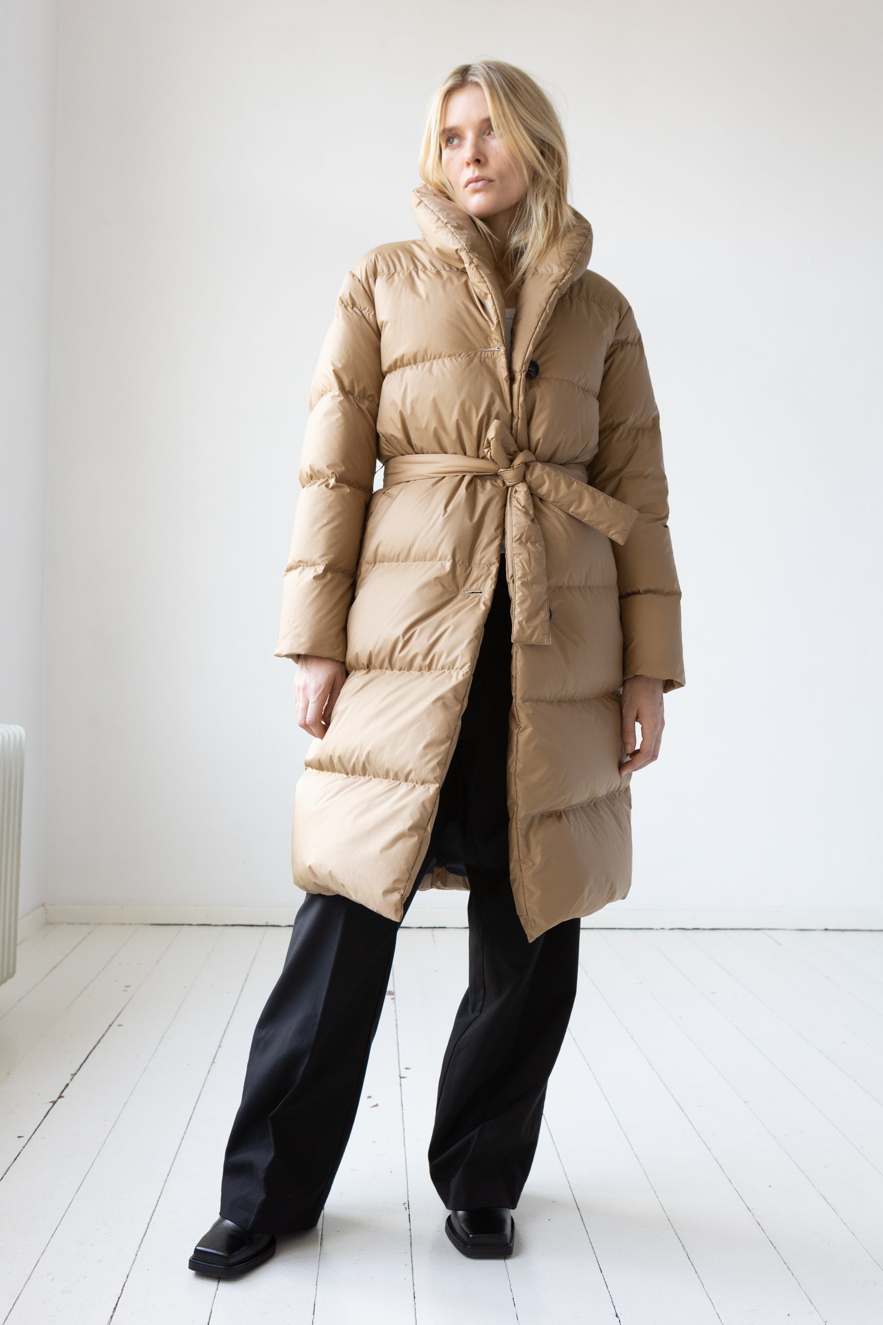 Lempelius belted down coat with shawl collar in color biscuit