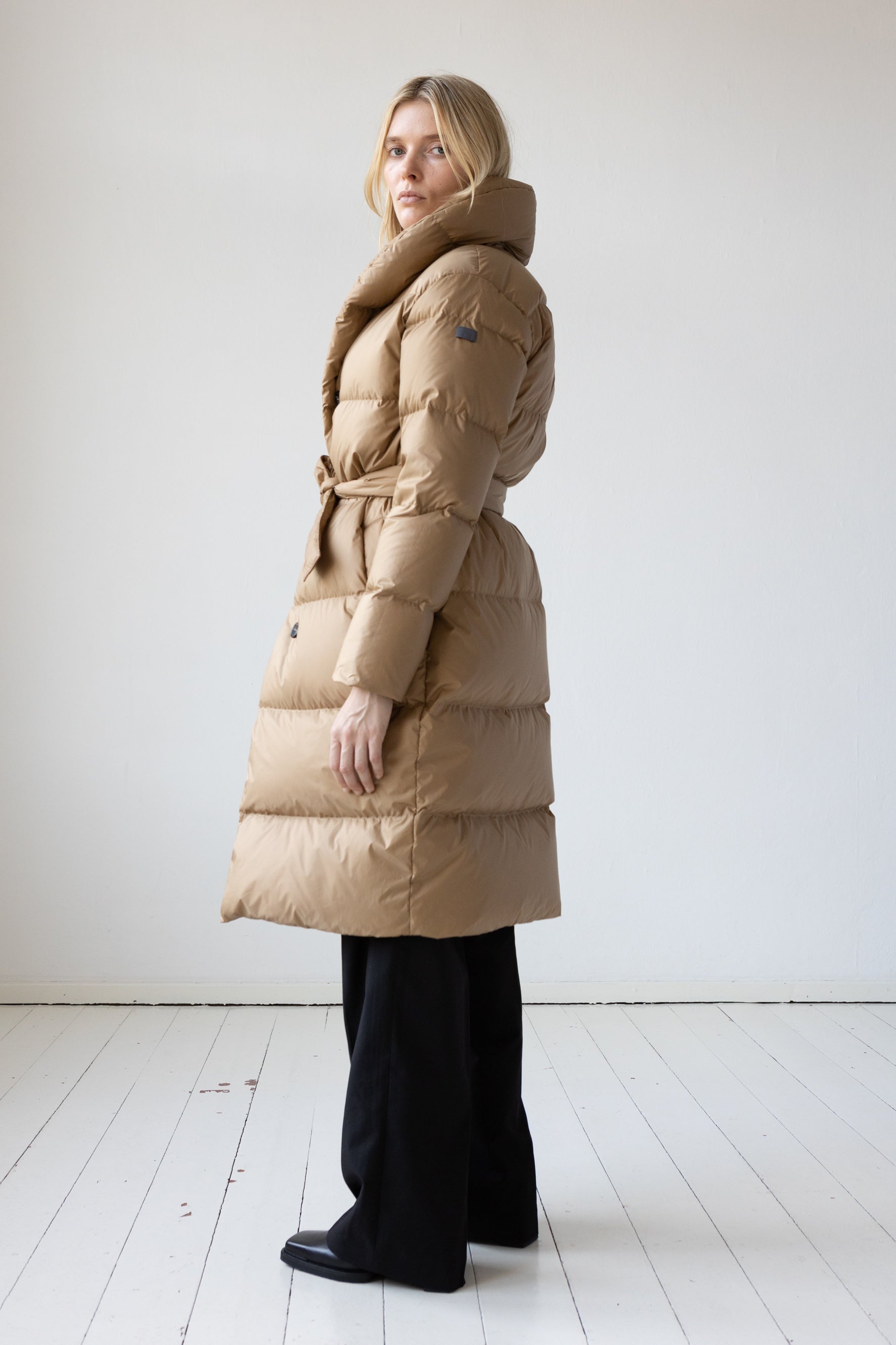 Lempelius belted down coat with shawl collar in color biscuit