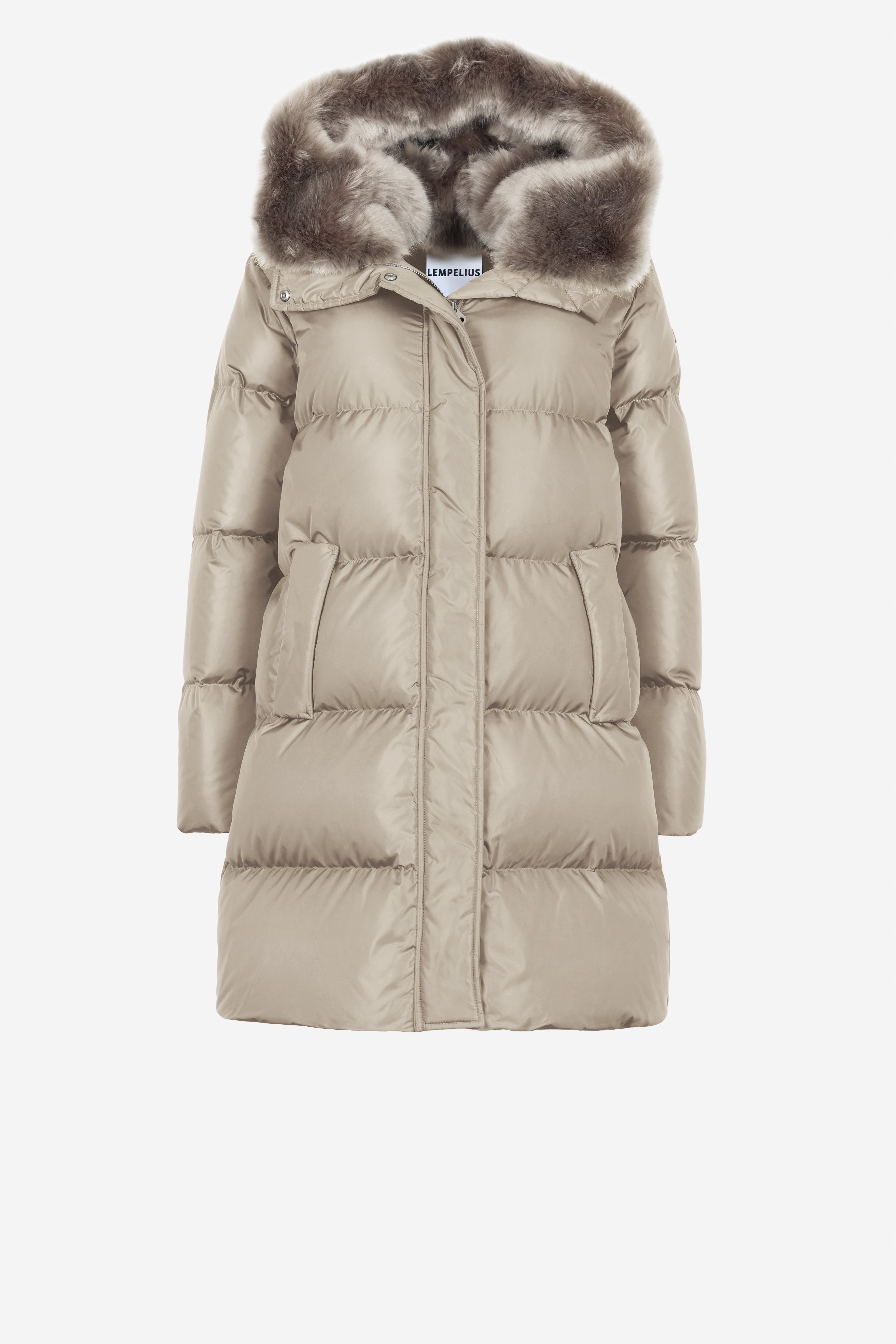 Minimal Lempelius down coat with rabbit faux fur hood