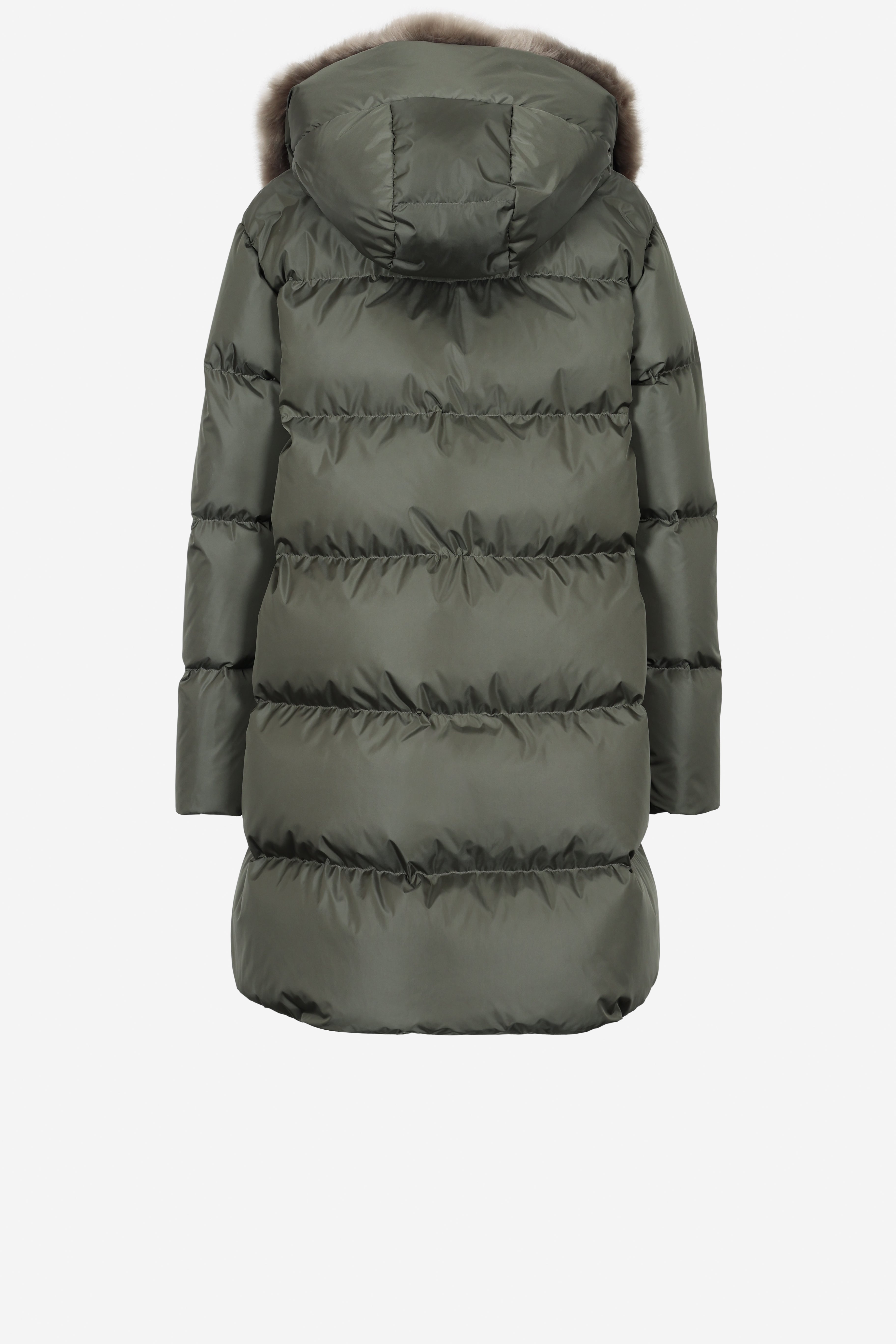 Minimal Lempelius down coat with rabbit faux fur hood
