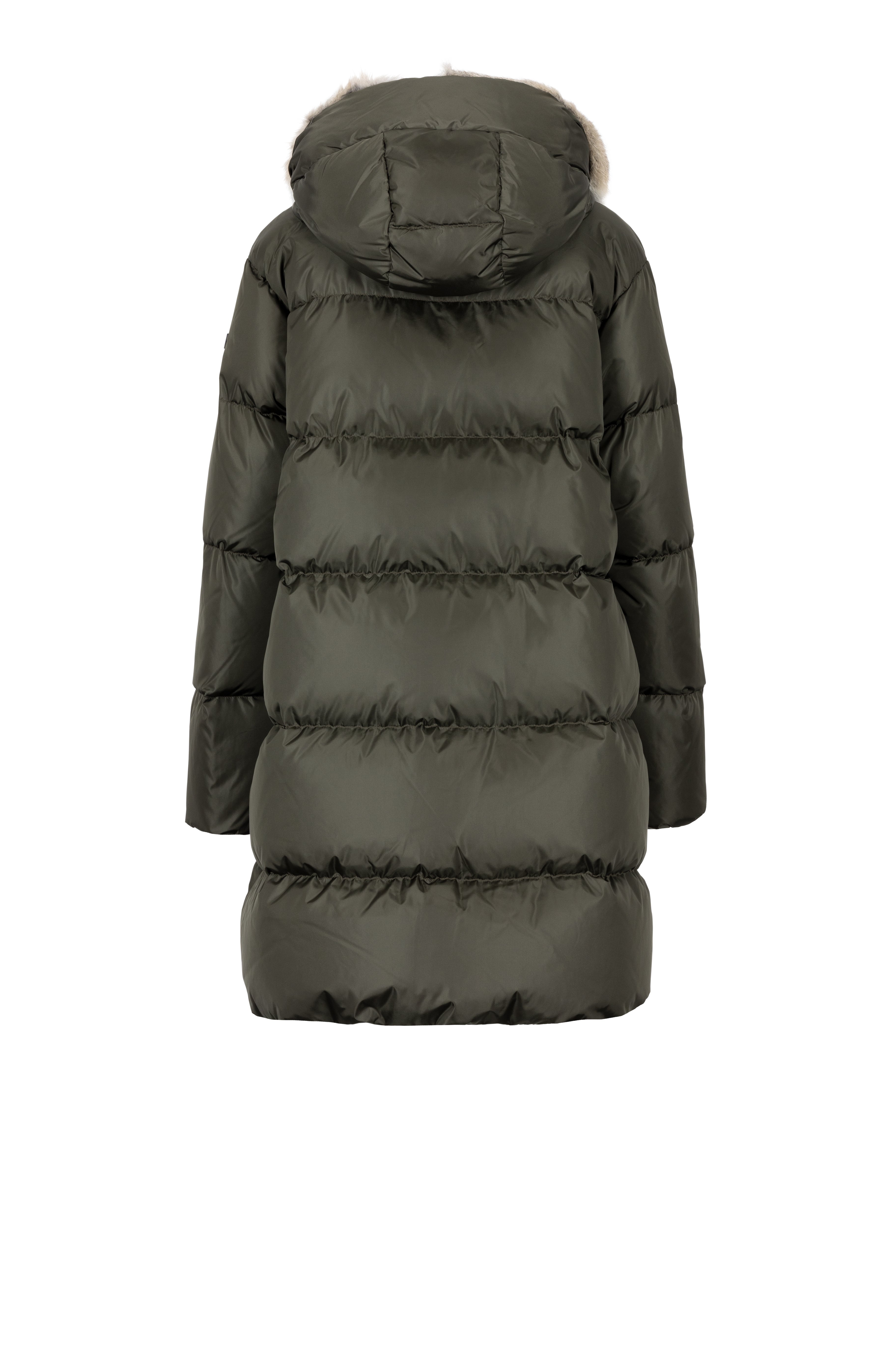 Minimal Lempelius down coat with rabbit fur hood