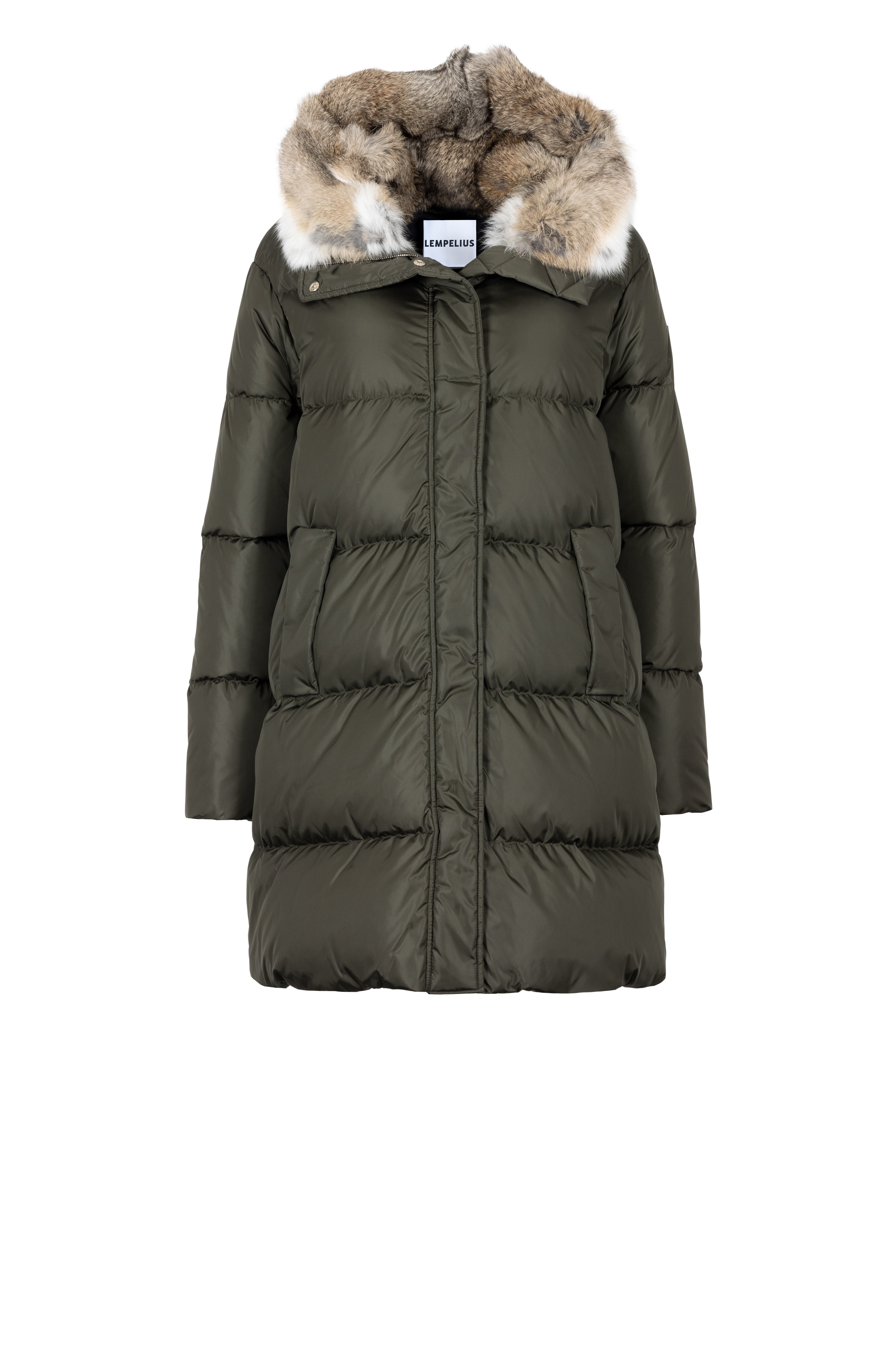 Minimal Lempelius down coat with rabbit fur hood