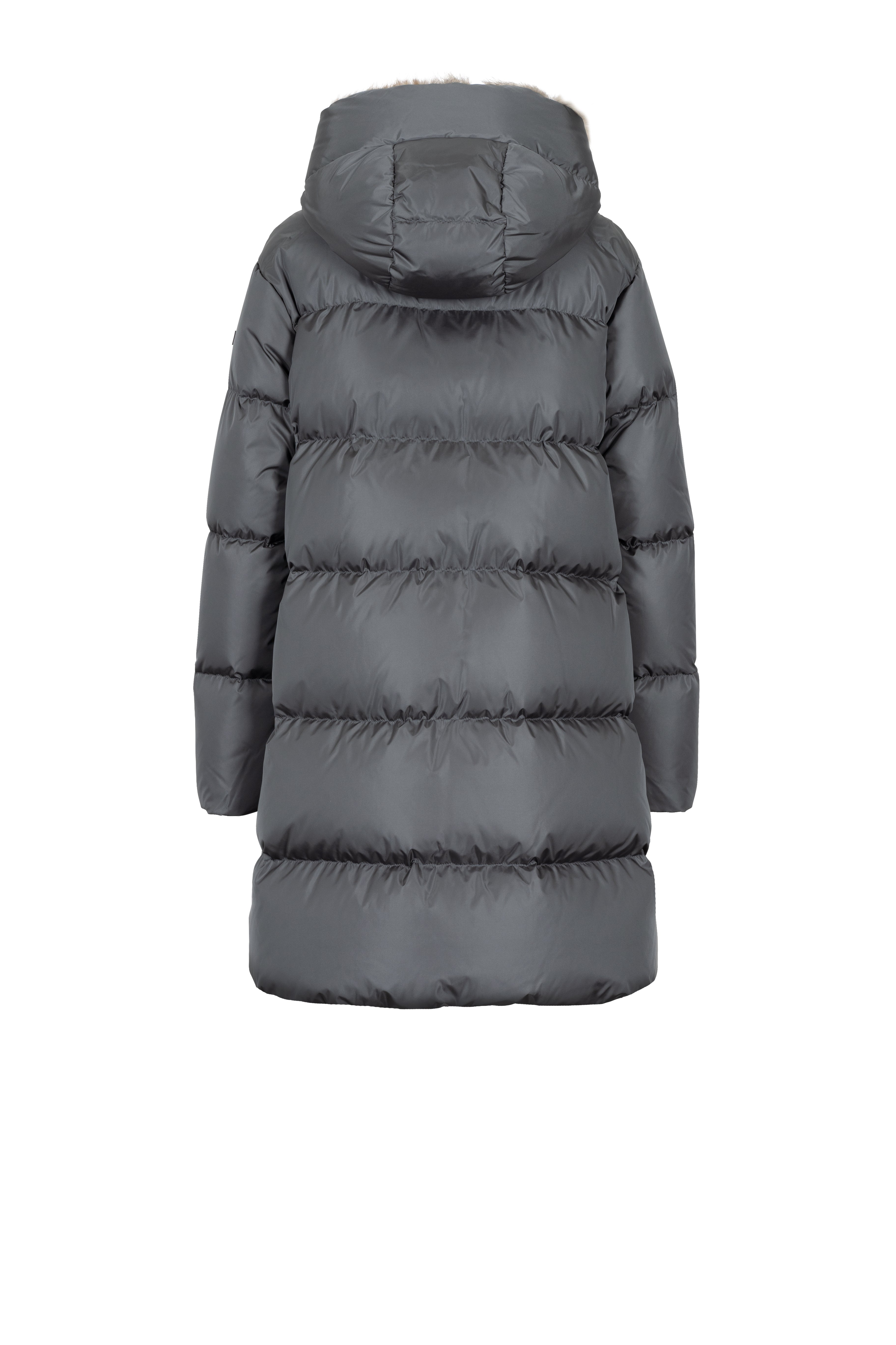 Minimal Lempelius down coat with rabbit fur hood