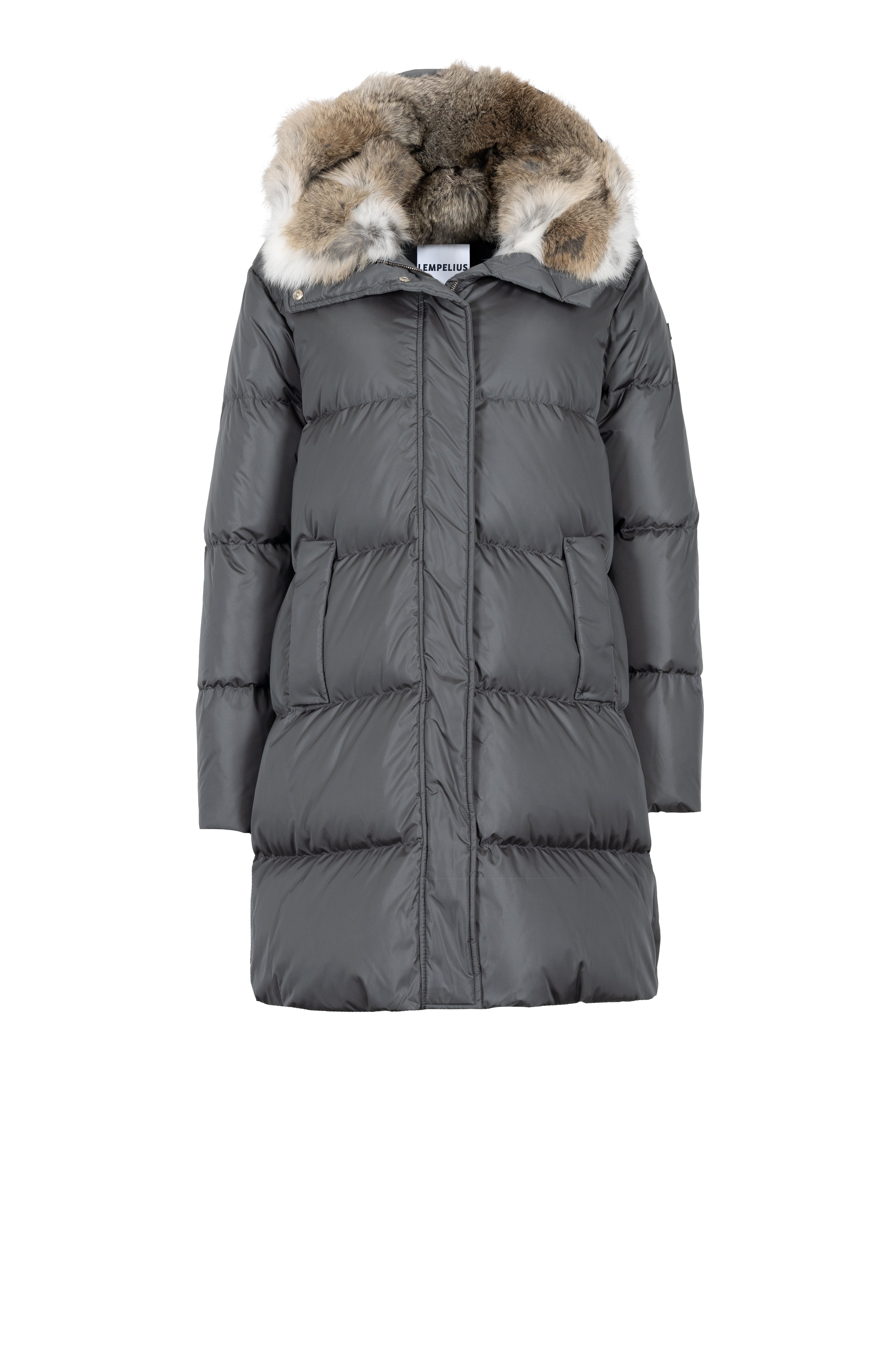 Minimal Lempelius down coat with rabbit fur hood