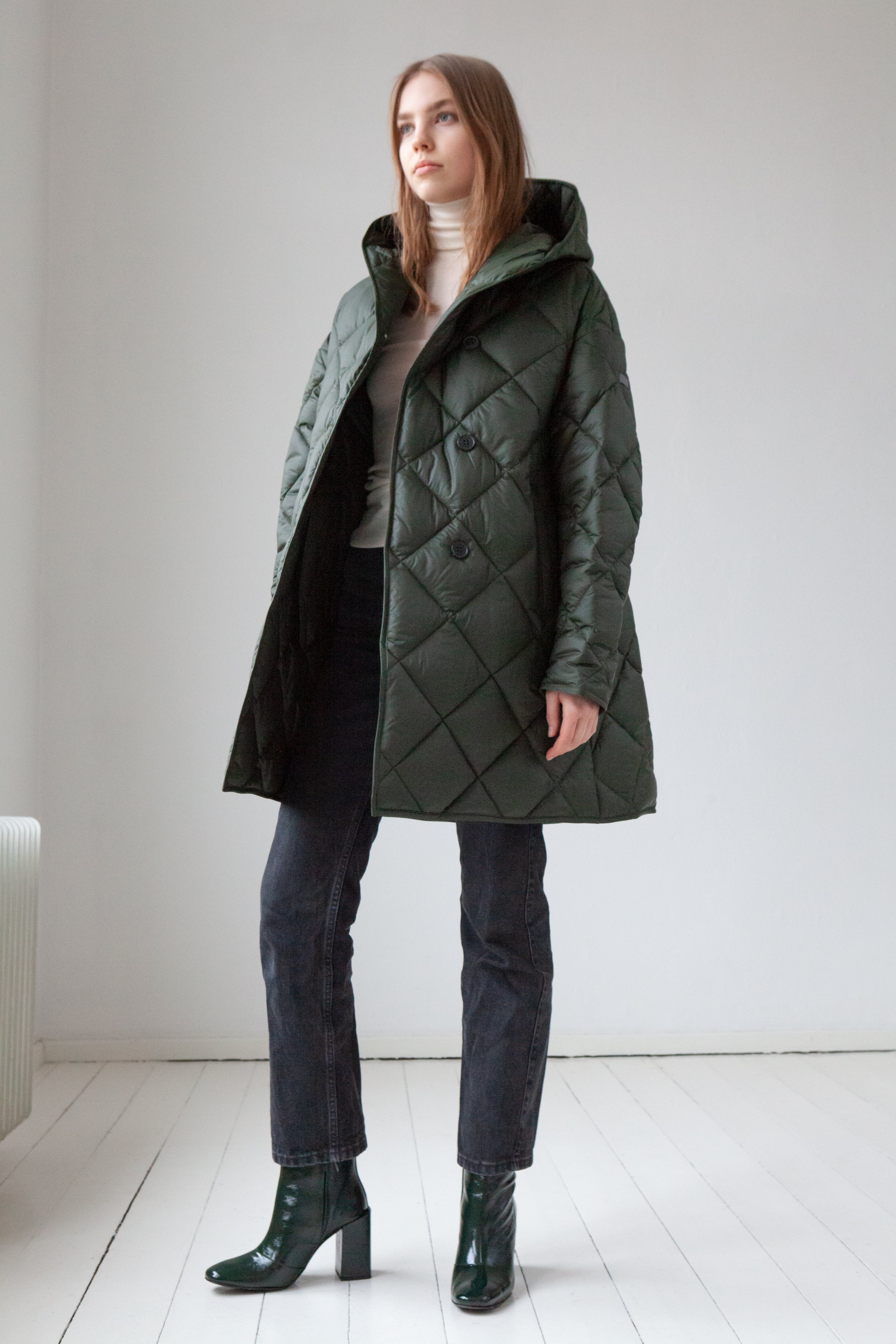 HOODED QUILTED COAT COA in pine green