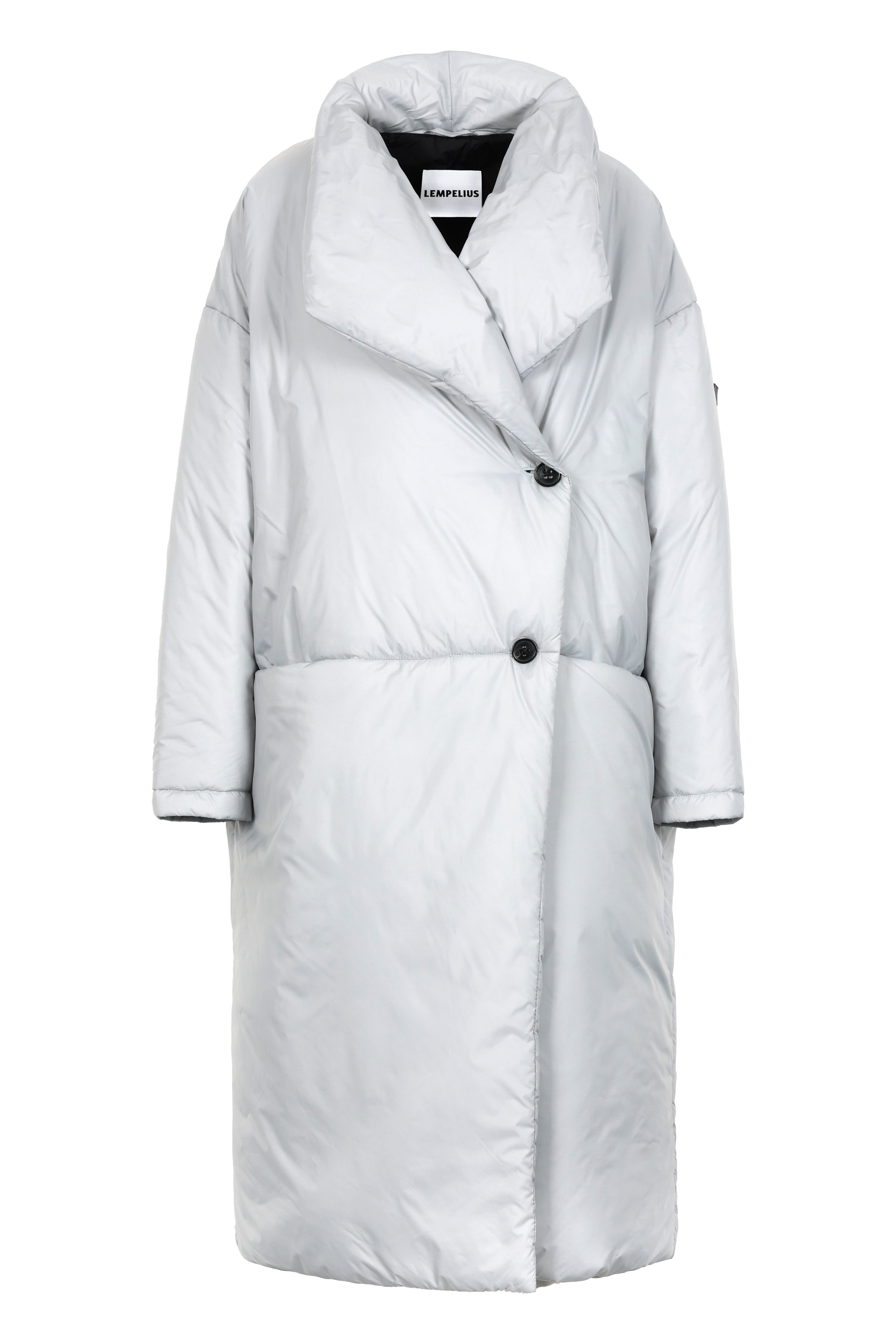 front view of a long padded jacket in a bright grey color