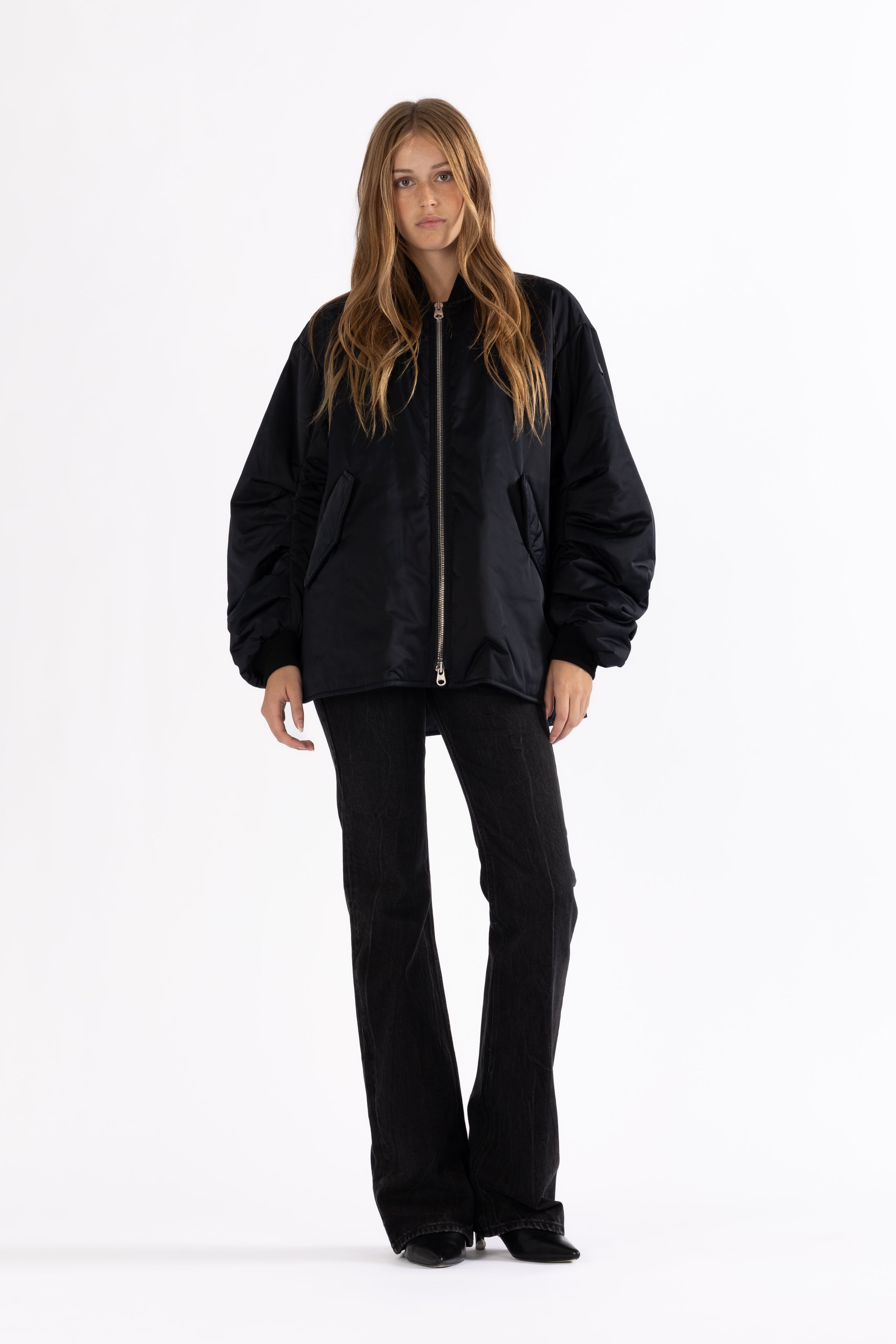 Flared bomber jacket in dark navy
