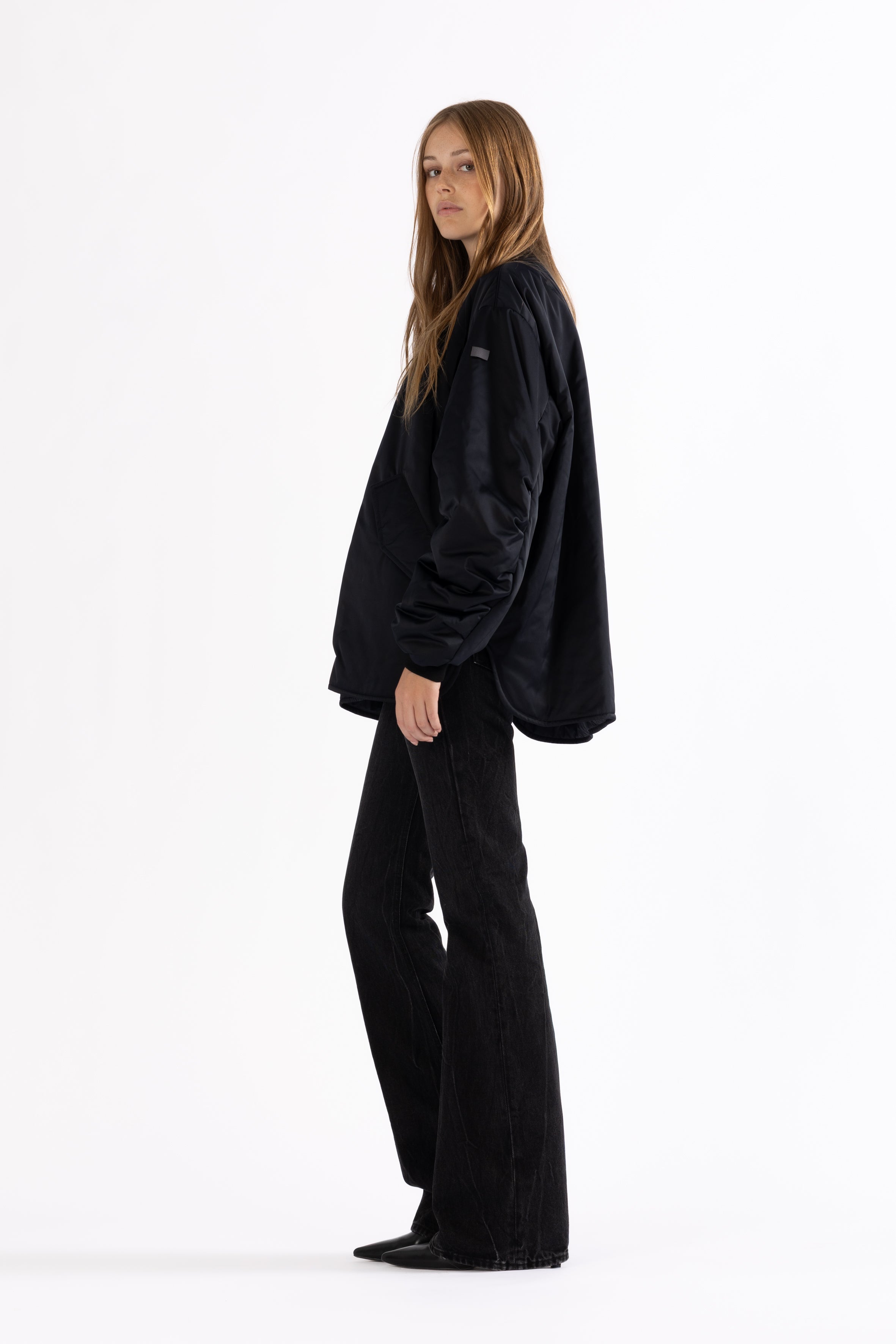 Flared bomber jacket in dark navy