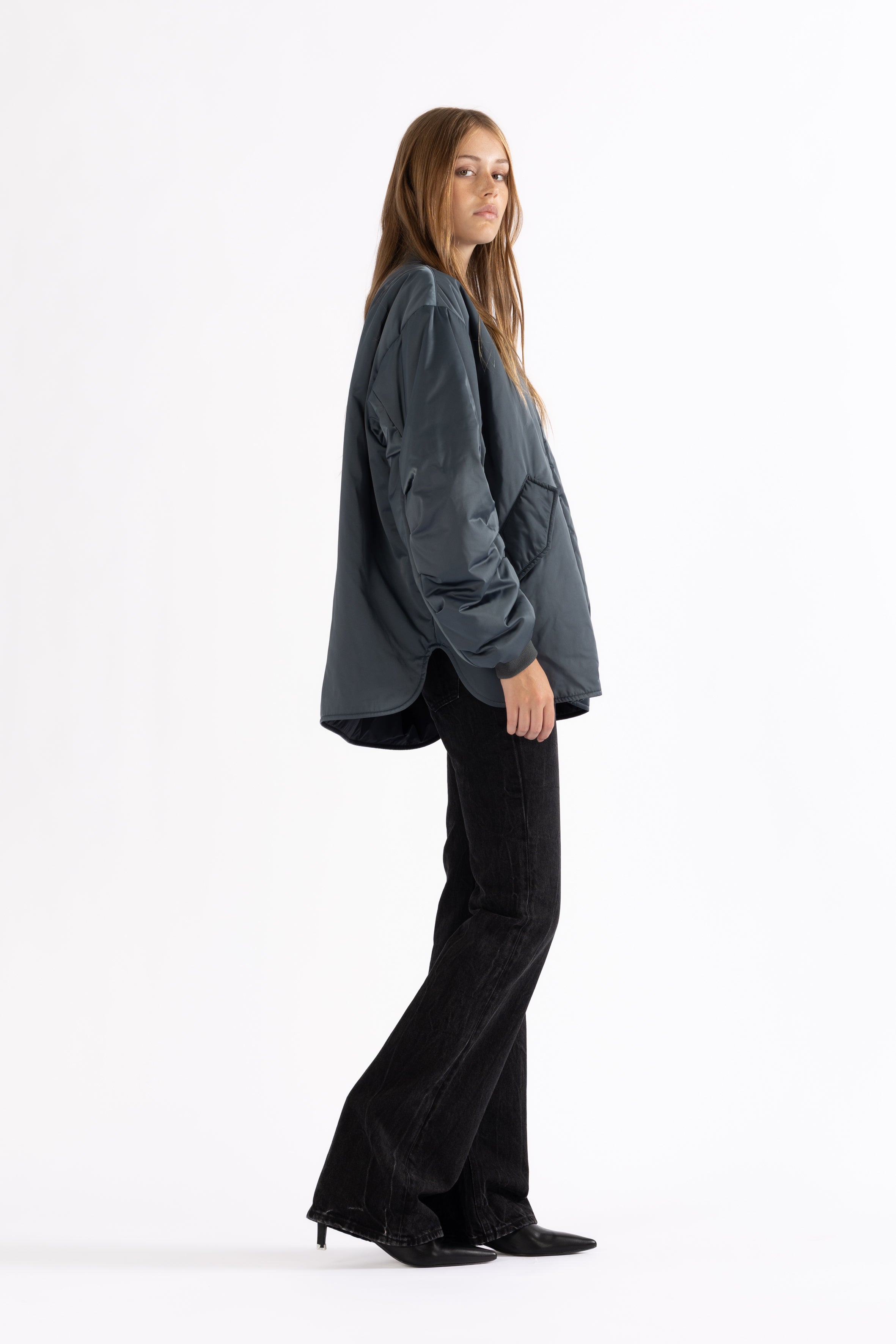Flared bomber jacket in graphite blue