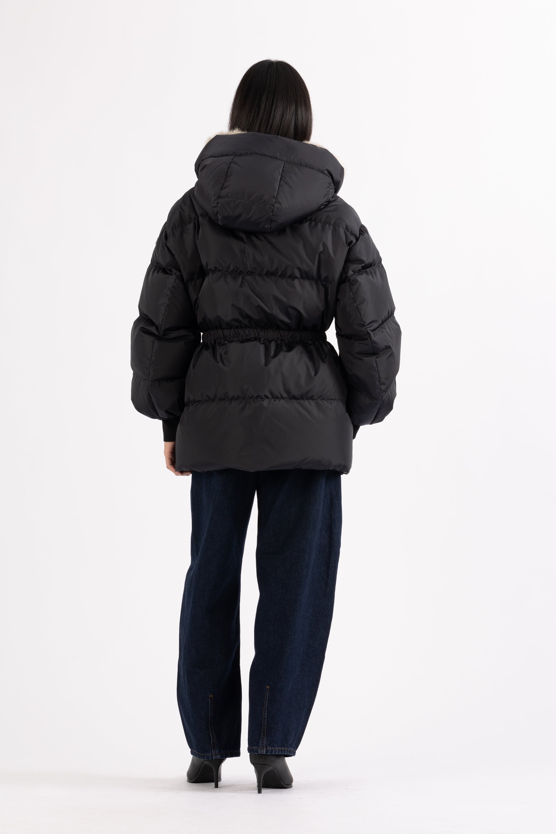 hooded LEMPELIUS short down jacket in dark blue with cotton cuffs fitted at the waist