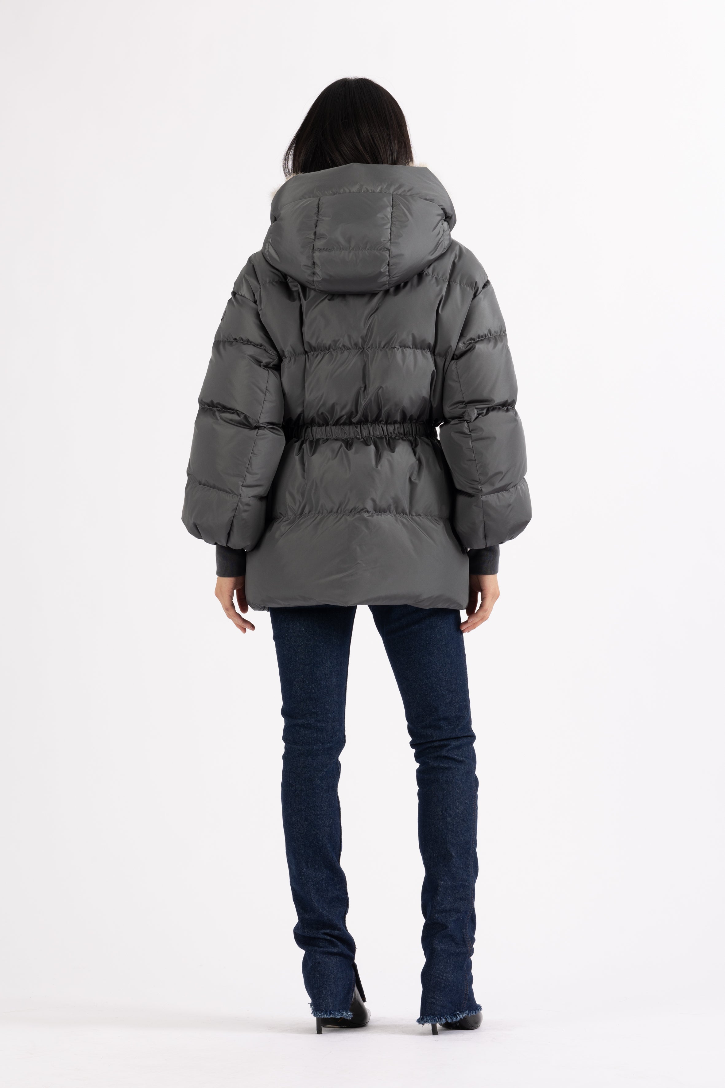 hooded LEMPELIUS short down jacket in iron grey with cotton cuffs fitted at the waist