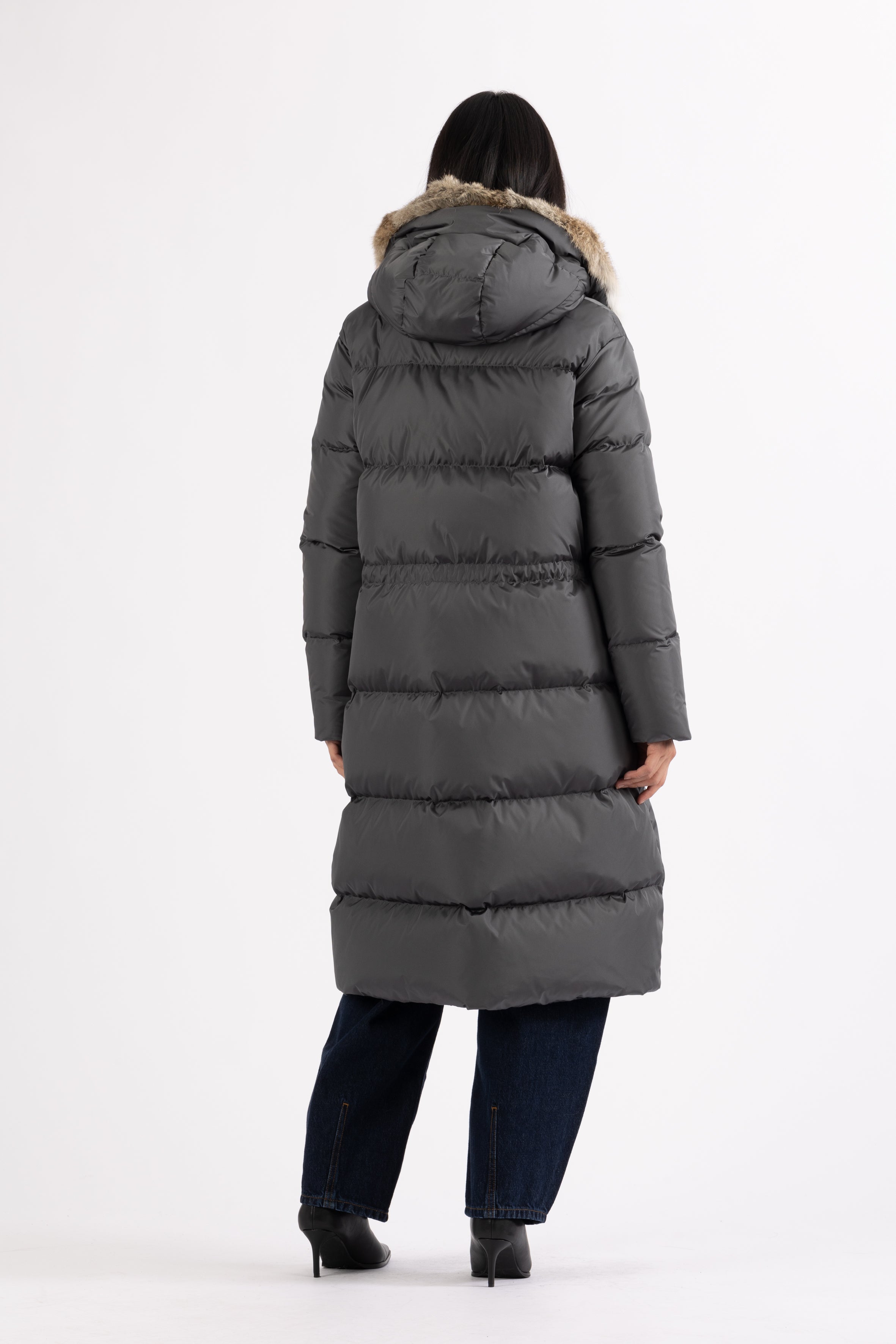 LEMPELIUS long duck down coat in iron grey with fur hood 