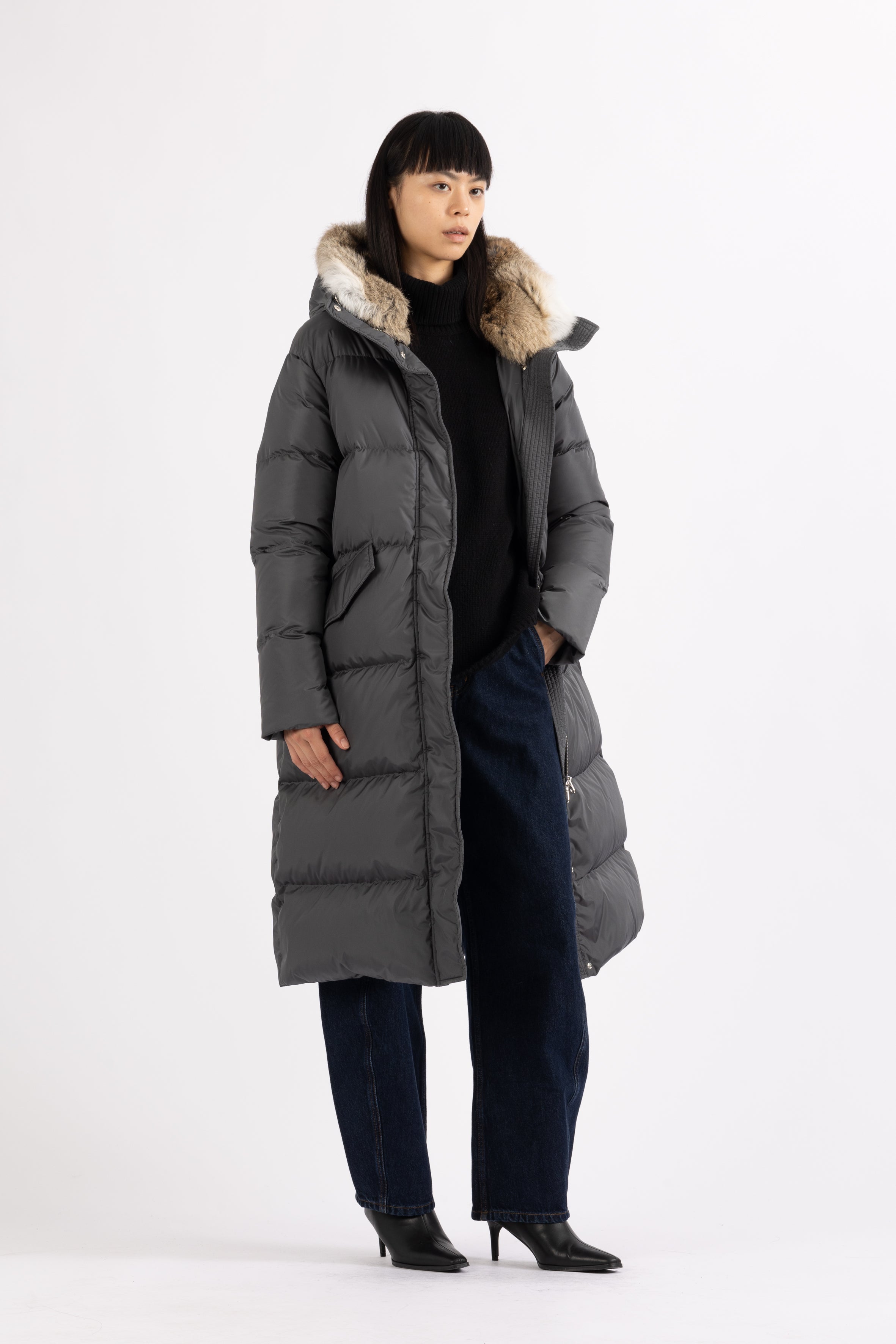 LEMPELIUS long duck down coat in iron grey with fur hood 