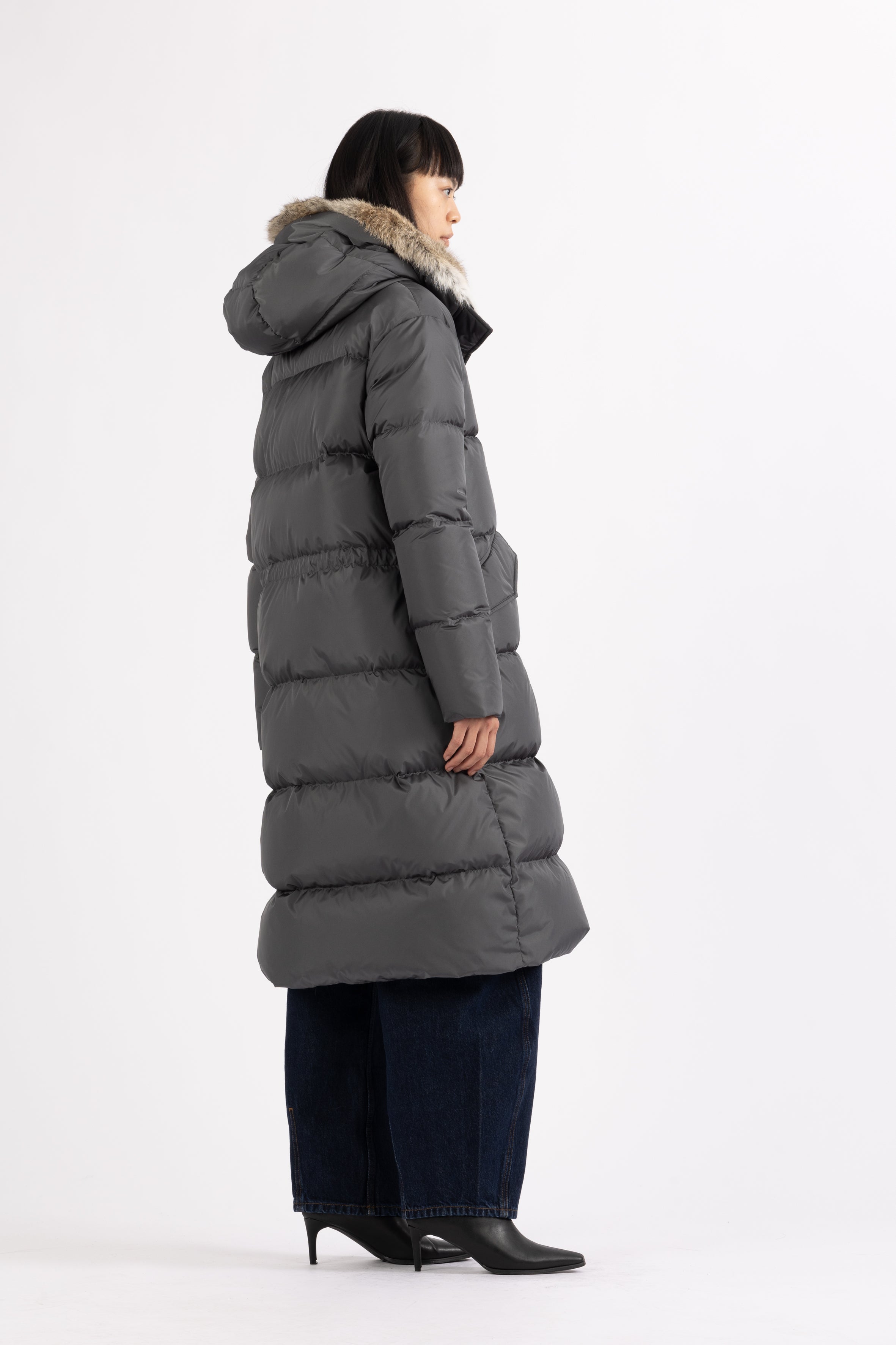 LEMPELIUS long duck down coat in iron grey with fur hood 