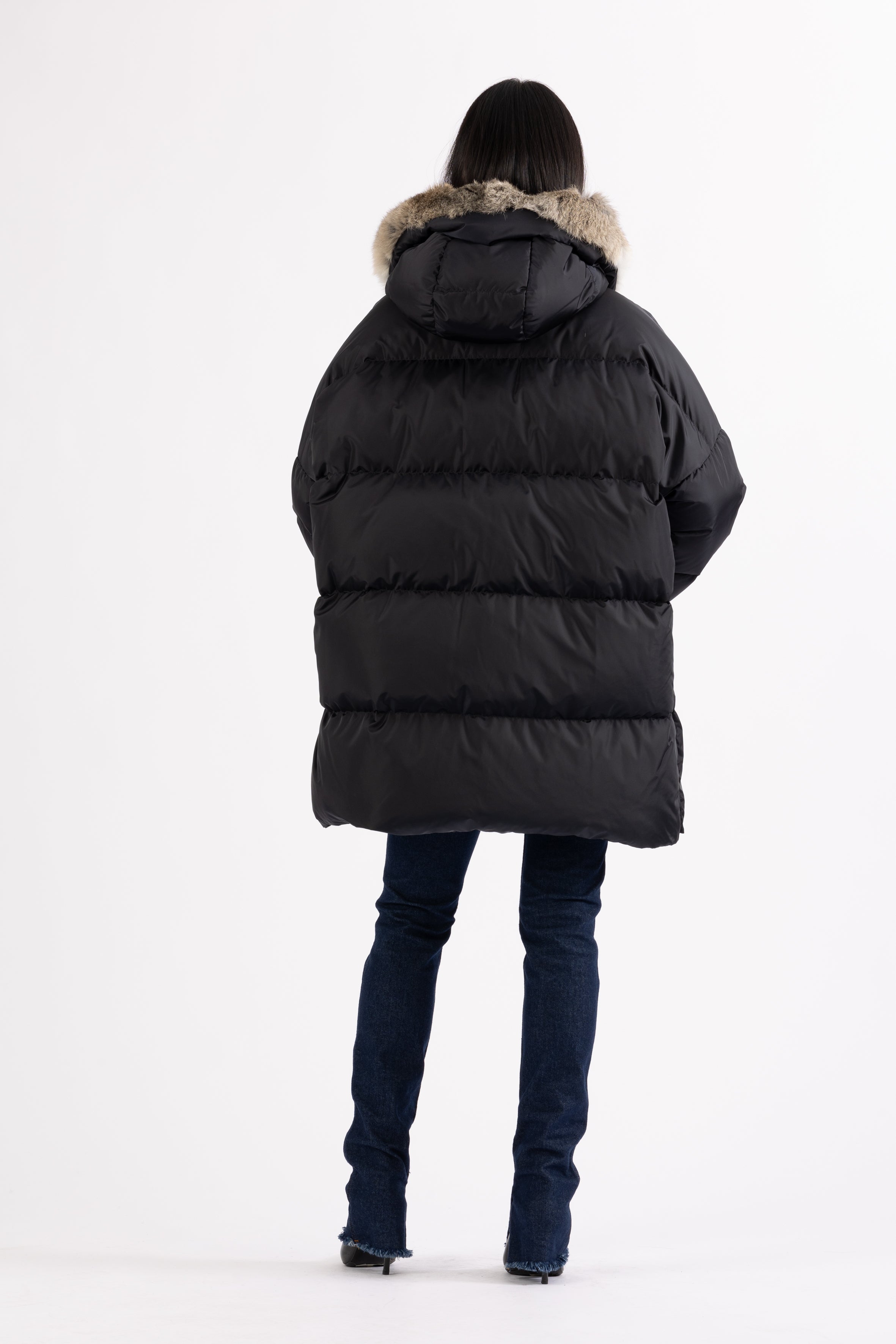 LEMPELIUS oversized duck down parka in dark blue with fur hood