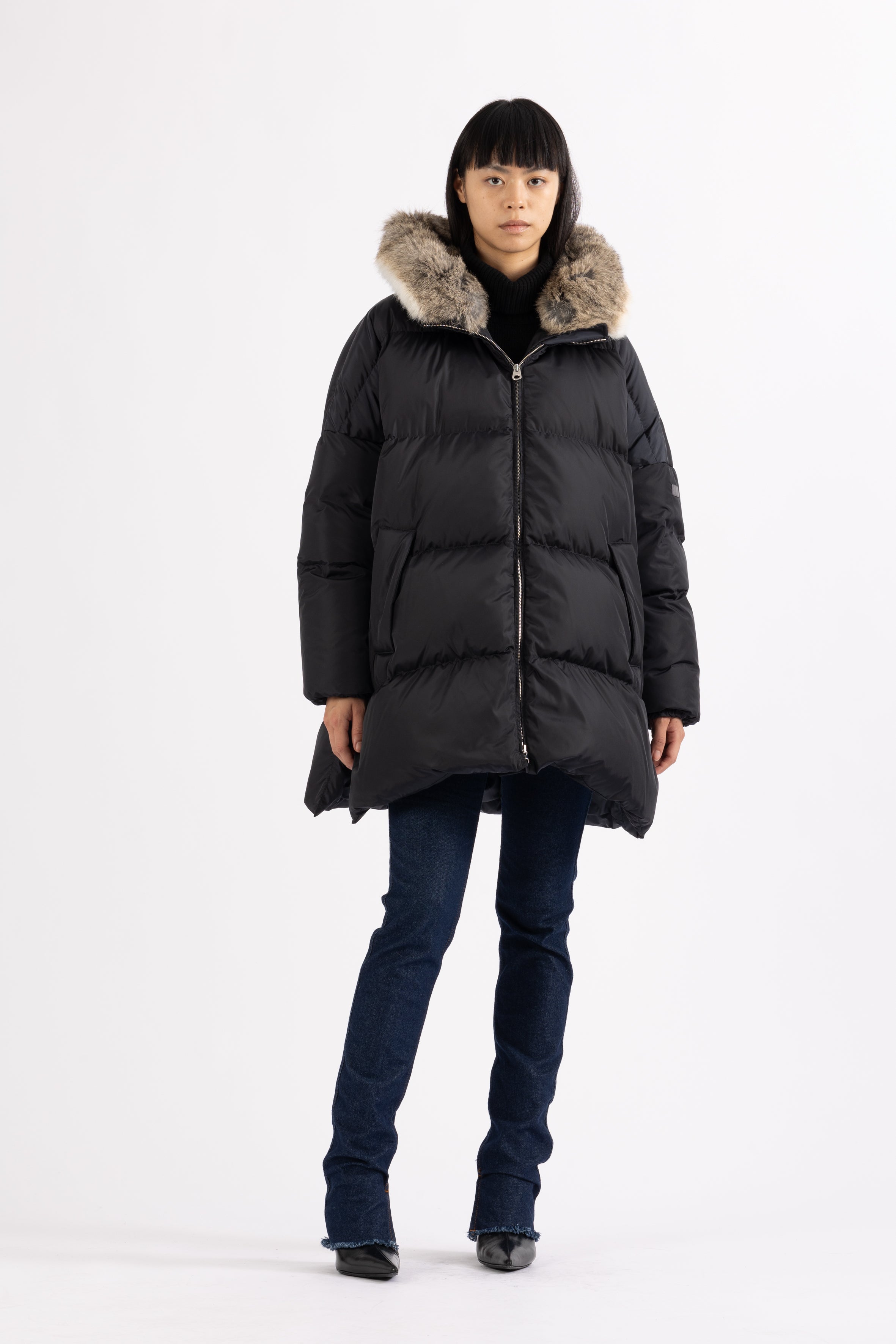 LEMPELIUS oversized duck down parka in dark blue with fur hood