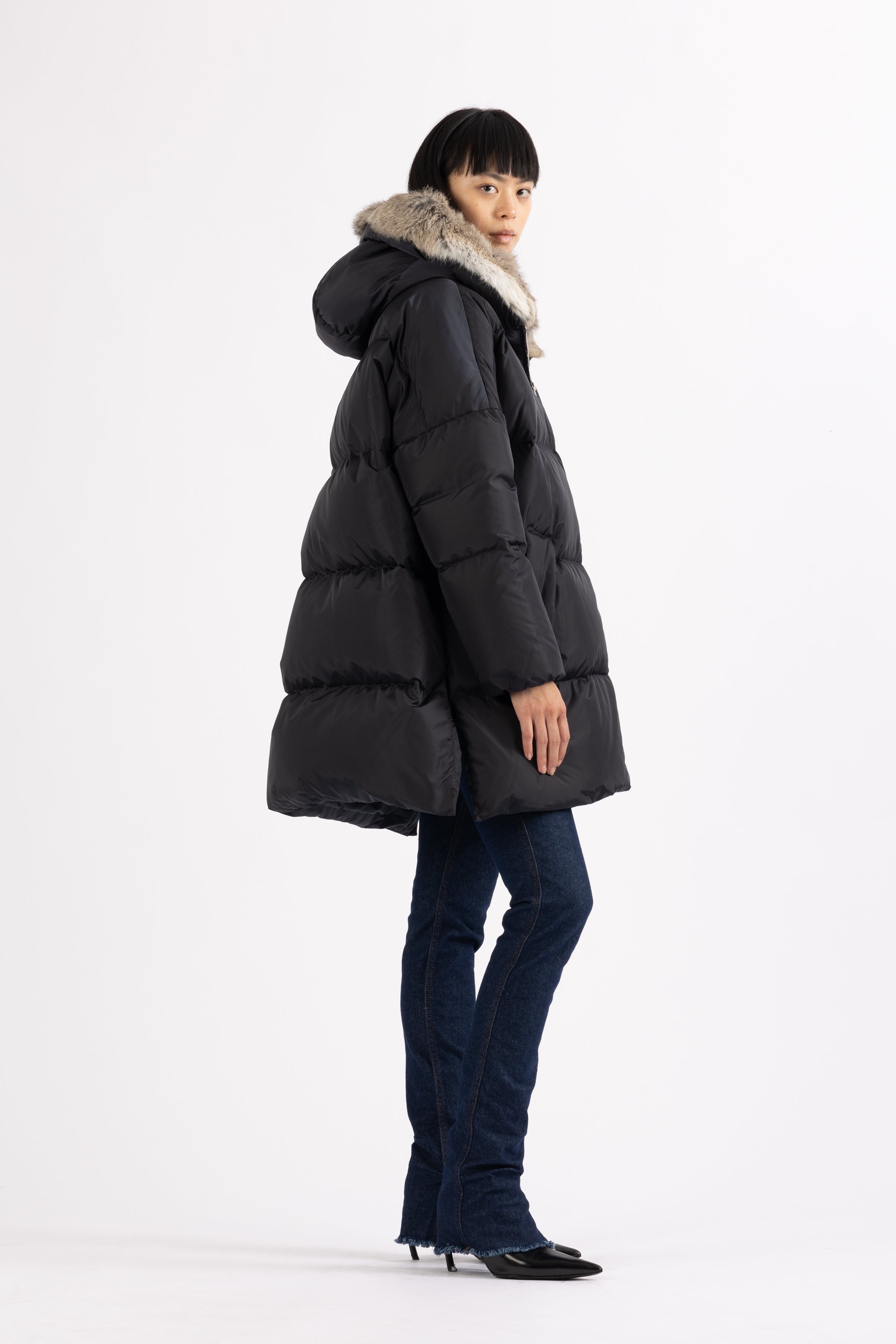 LEMPELIUS oversized duck down parka in dark blue with fur hood