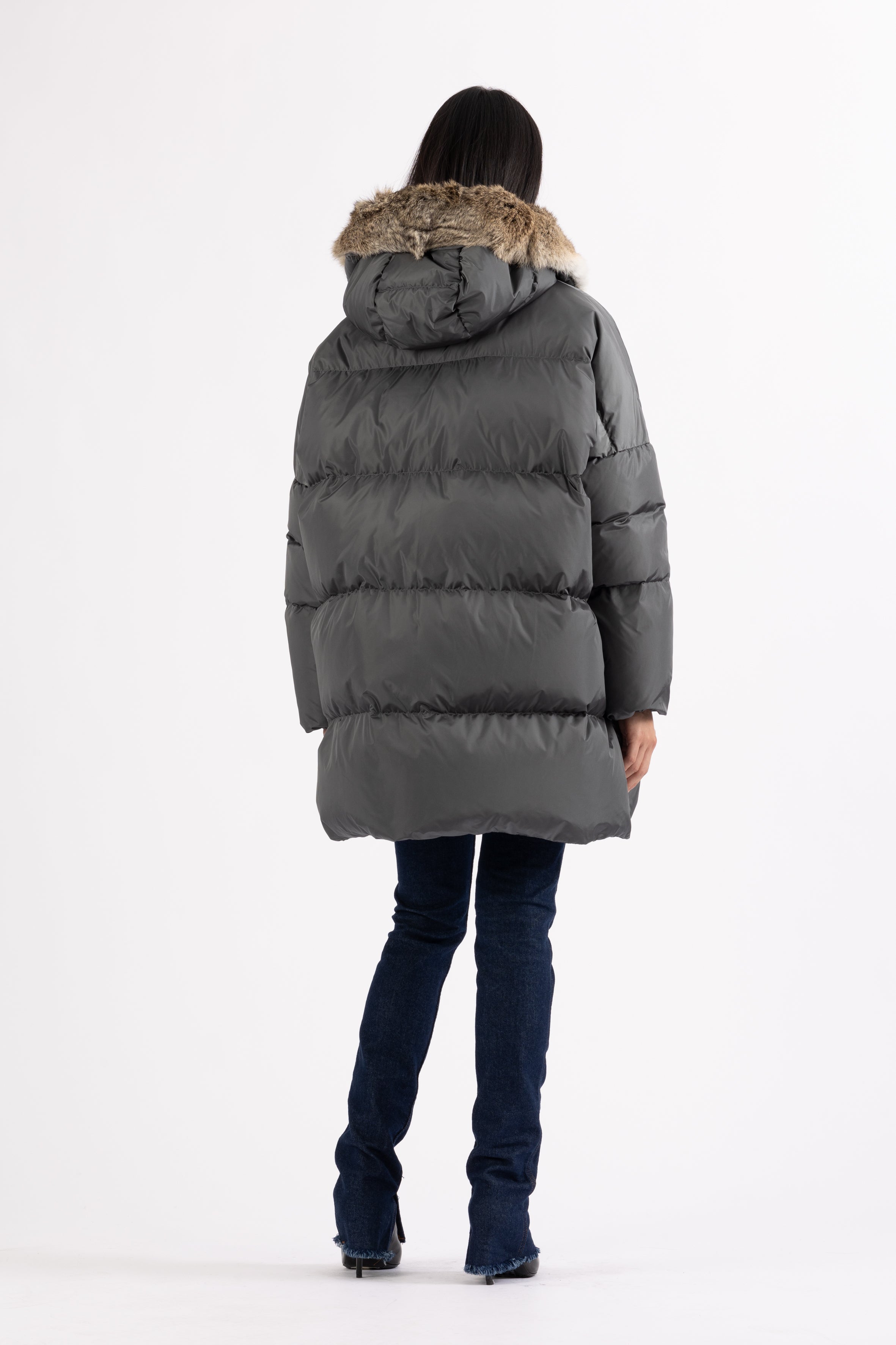 LEMPELIUS oversized duck down parka in iron grey with fur hood